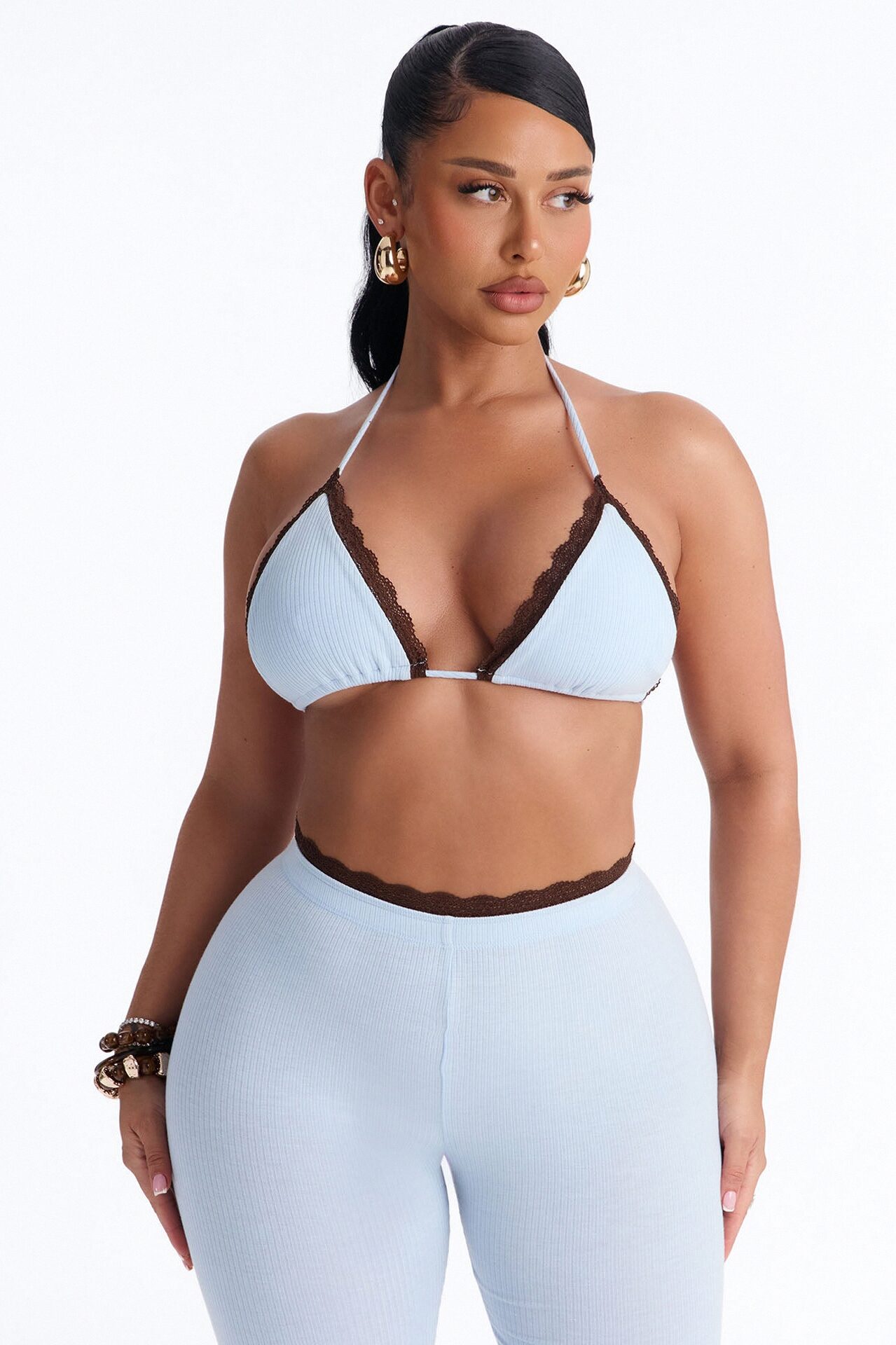 Your's Truly Laced Ribbed Capri Set - Light Blue