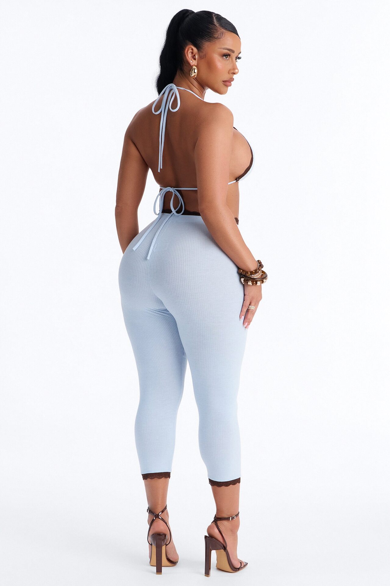 Your's Truly Laced Ribbed Capri Set - Light Blue