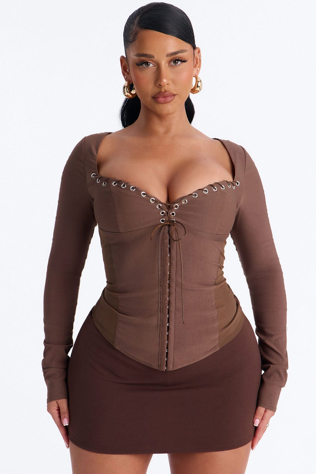 Janet Lace Up Corset Long Sleeve Top - Chocolate