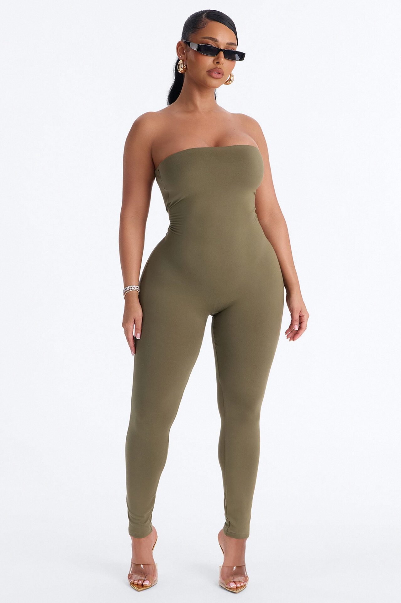 Body Language Skinny Strapless Catsuit - Olive