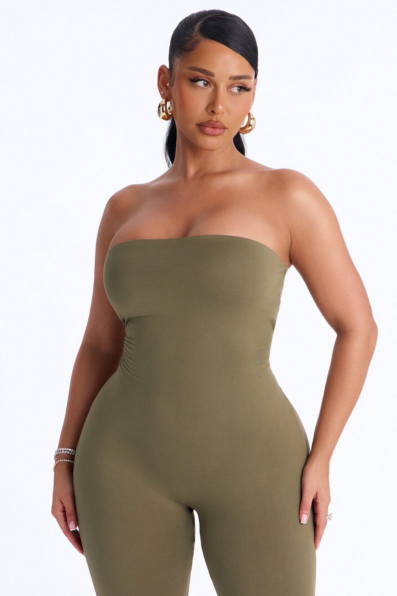 Body Language Skinny Strapless Catsuit - Olive