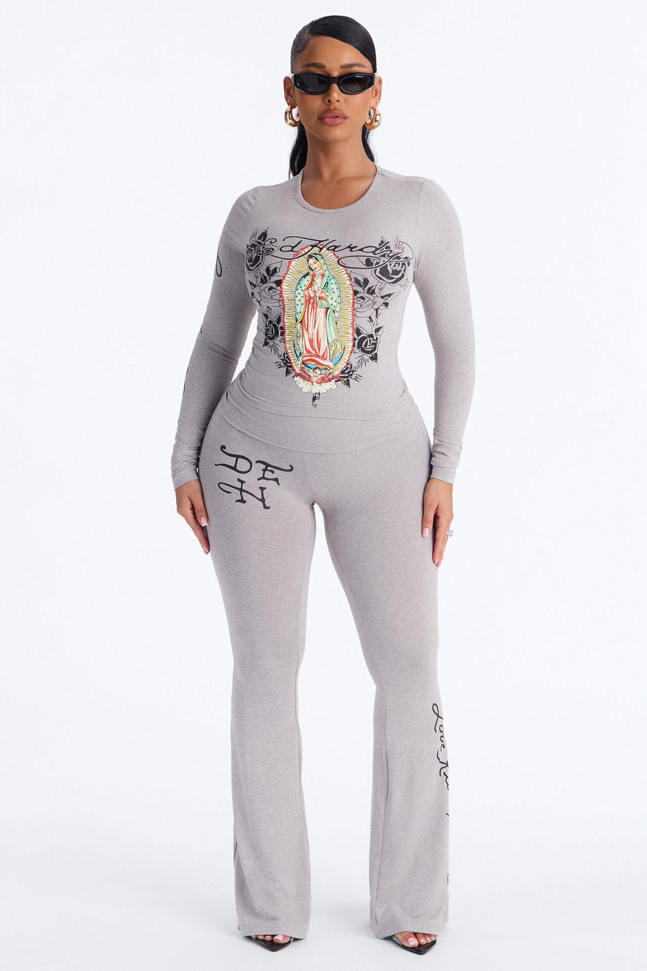 Ed Hardy Keep The Faith Flare PJ Pant Set - Heather Grey