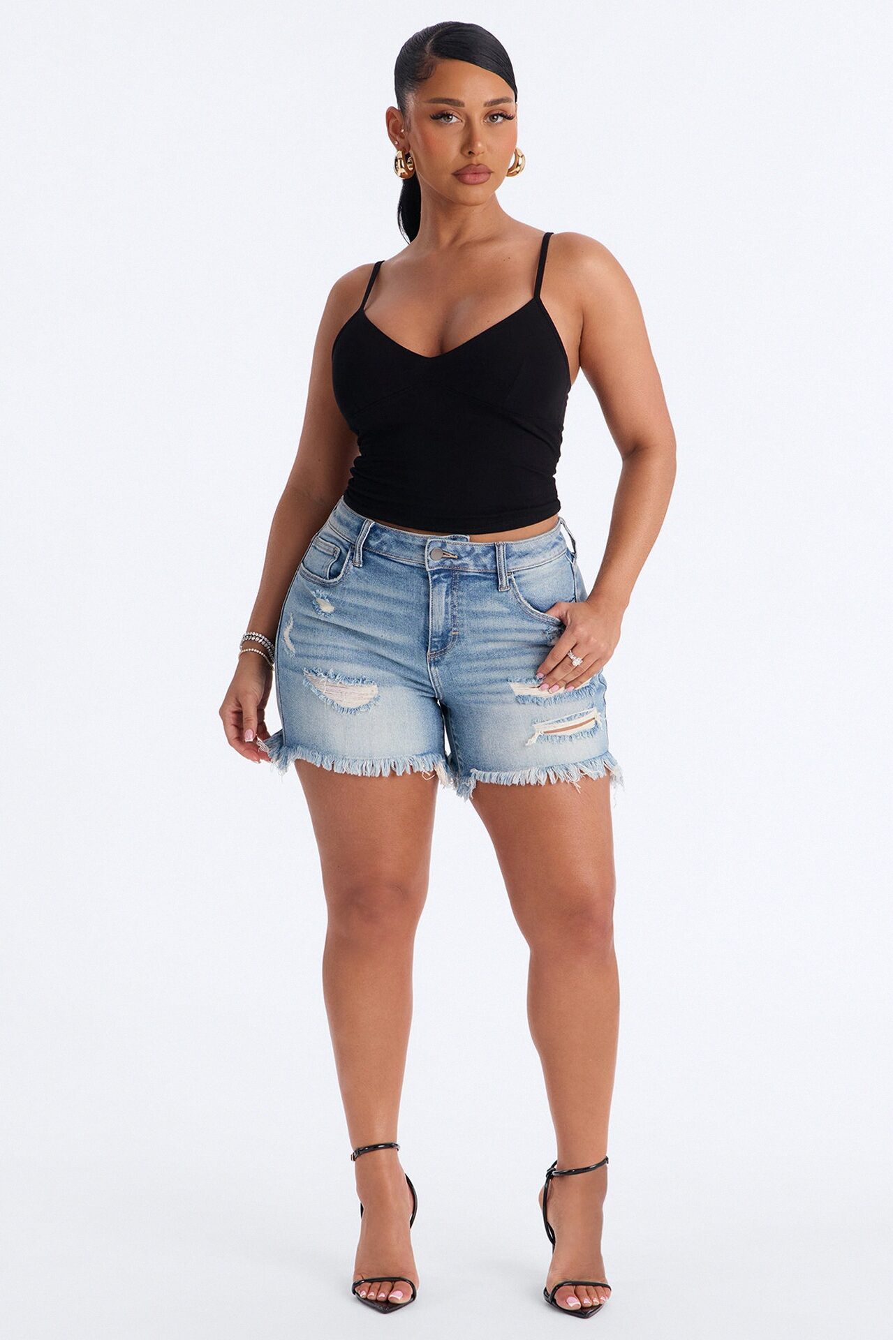 Easy Days Cut Off Ripped Stretch Denim Shorts - Medium Wash