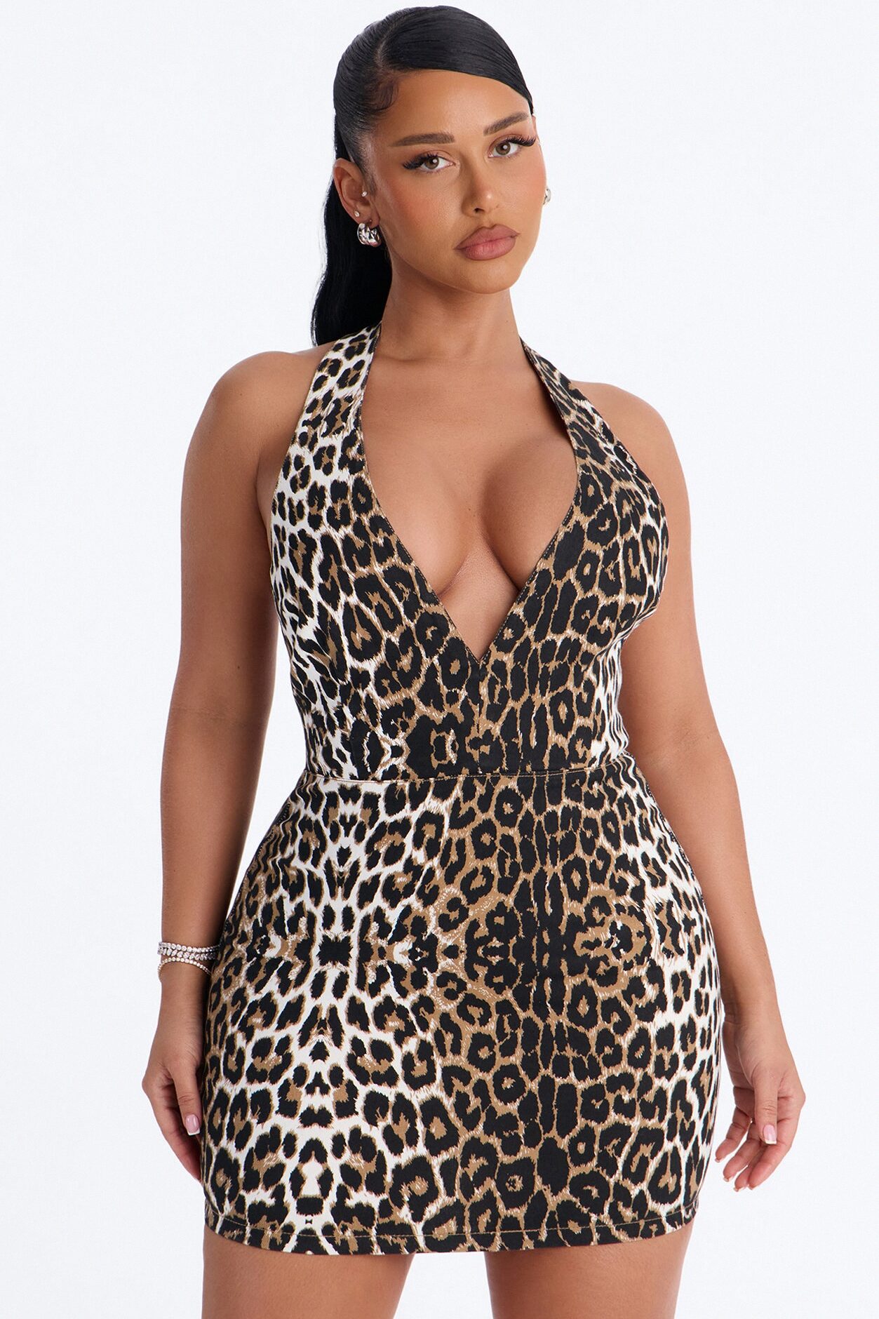 Saria Halter Stretch Denim Mini Dress - Leopard