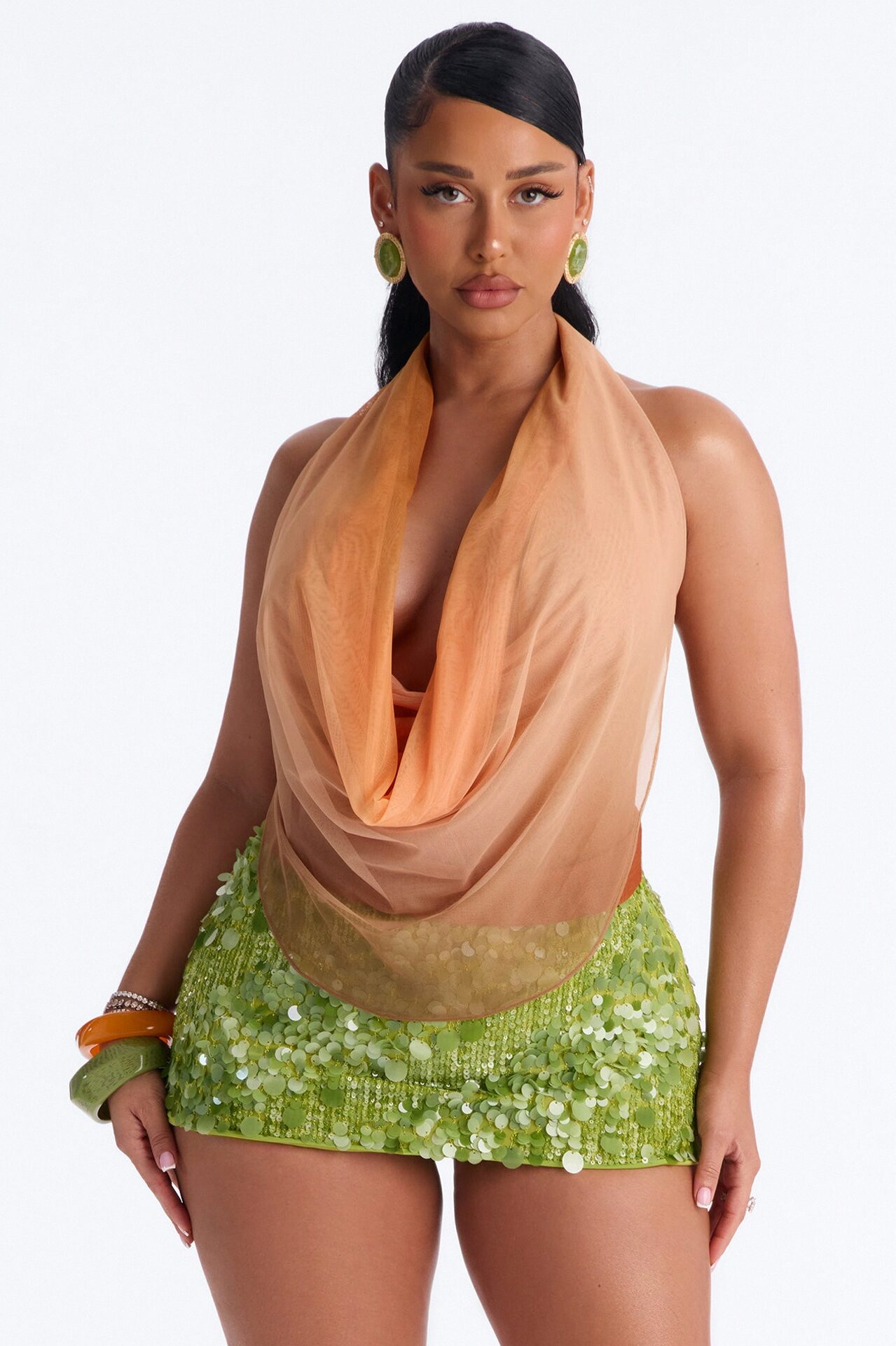 Desert Baddie Mesh Cowl Neck Halter Top - Orange/combo