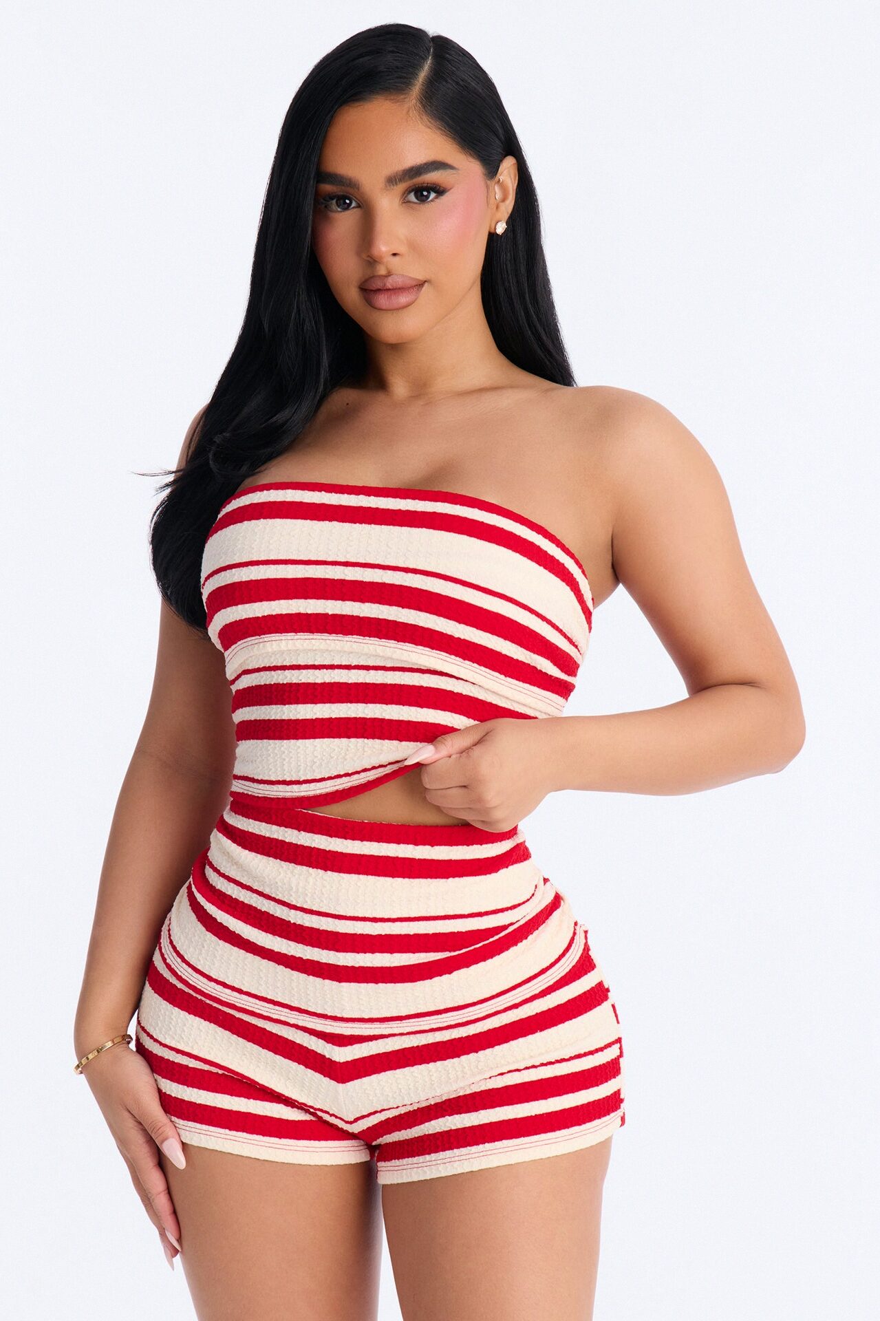 Julia Textured Tube Top Micro Short Set - Red/combo
