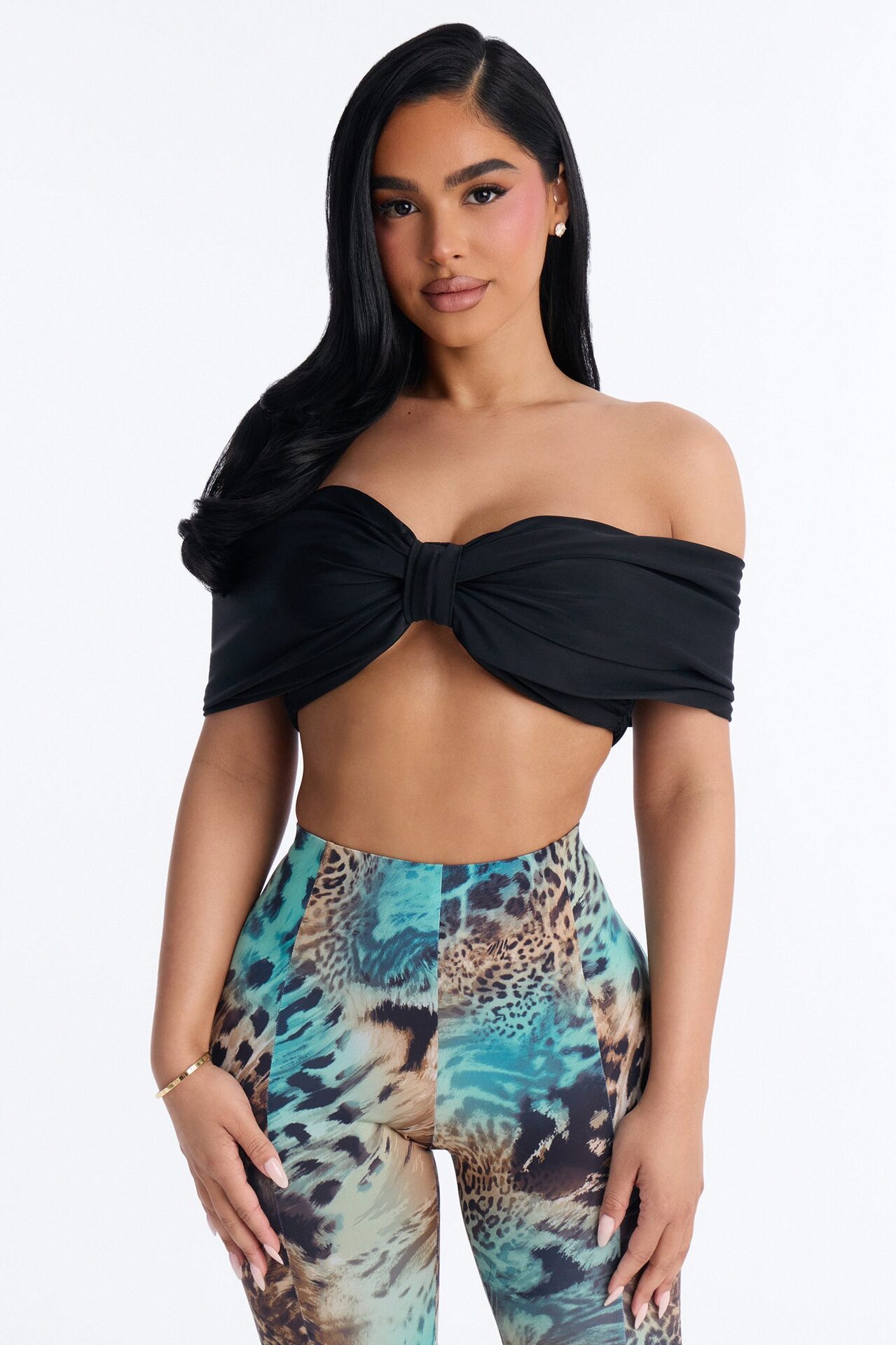 Nina Off Shoulder Ruched Crop Top - Black