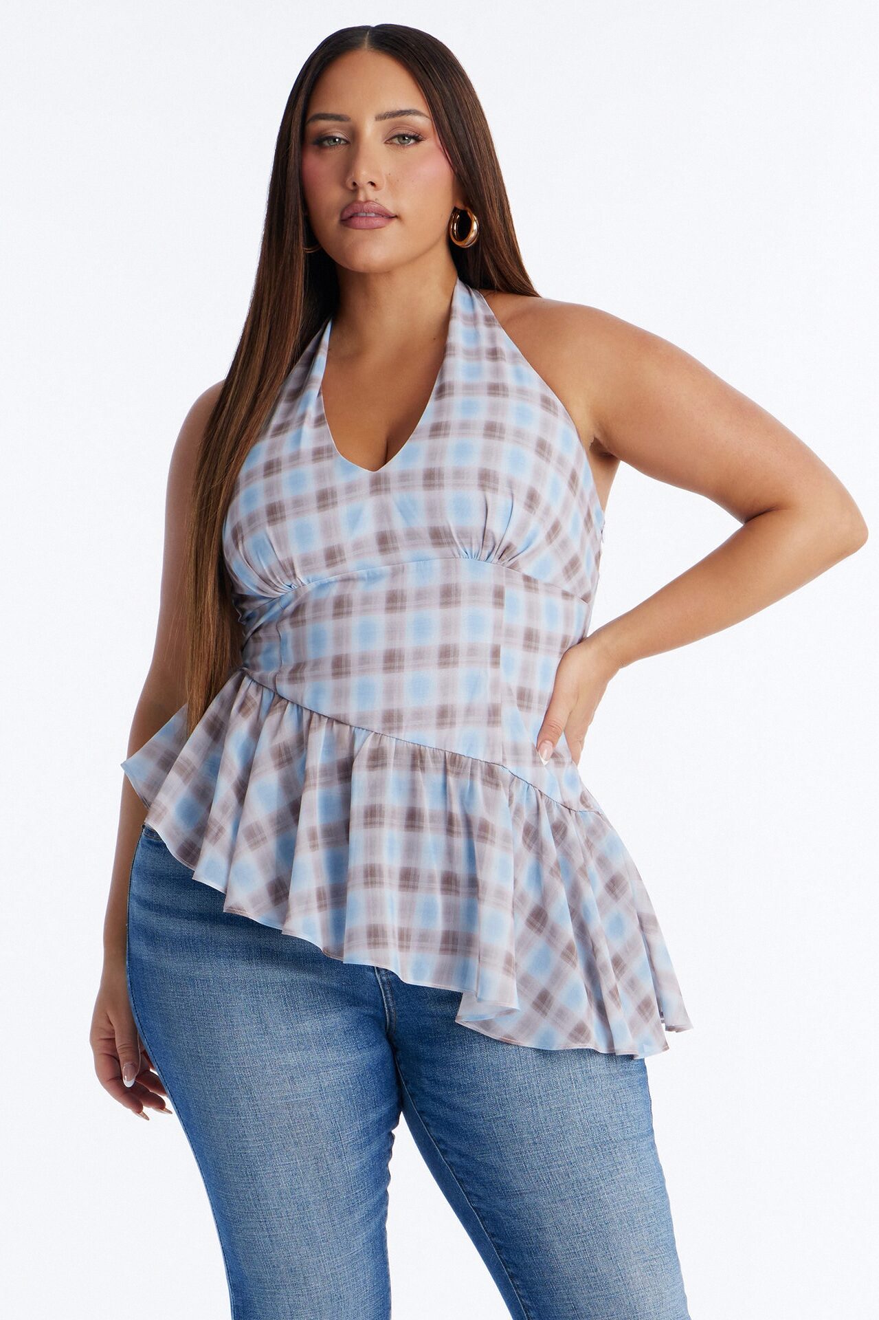 Afternoon Delight Ruffle Plaid Chiffon Halter Top - Blue/combo