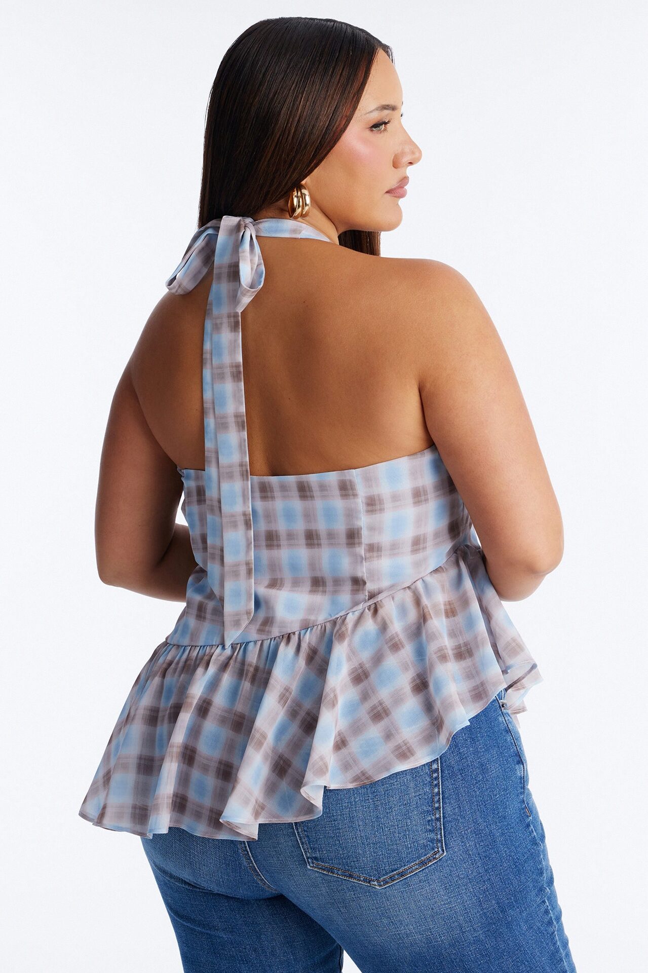 Afternoon Delight Ruffle Plaid Chiffon Halter Top - Blue/combo