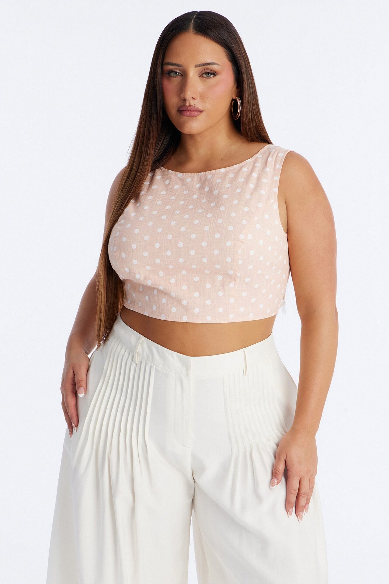 On The Cute Side Polka Dot Cropped Linen Top - Peach/combo