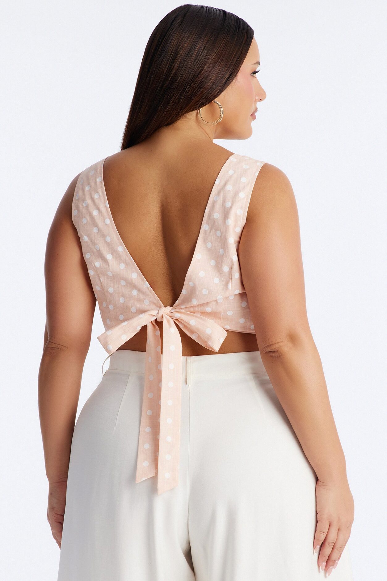 On The Cute Side Polka Dot Cropped Linen Top - Peach/combo