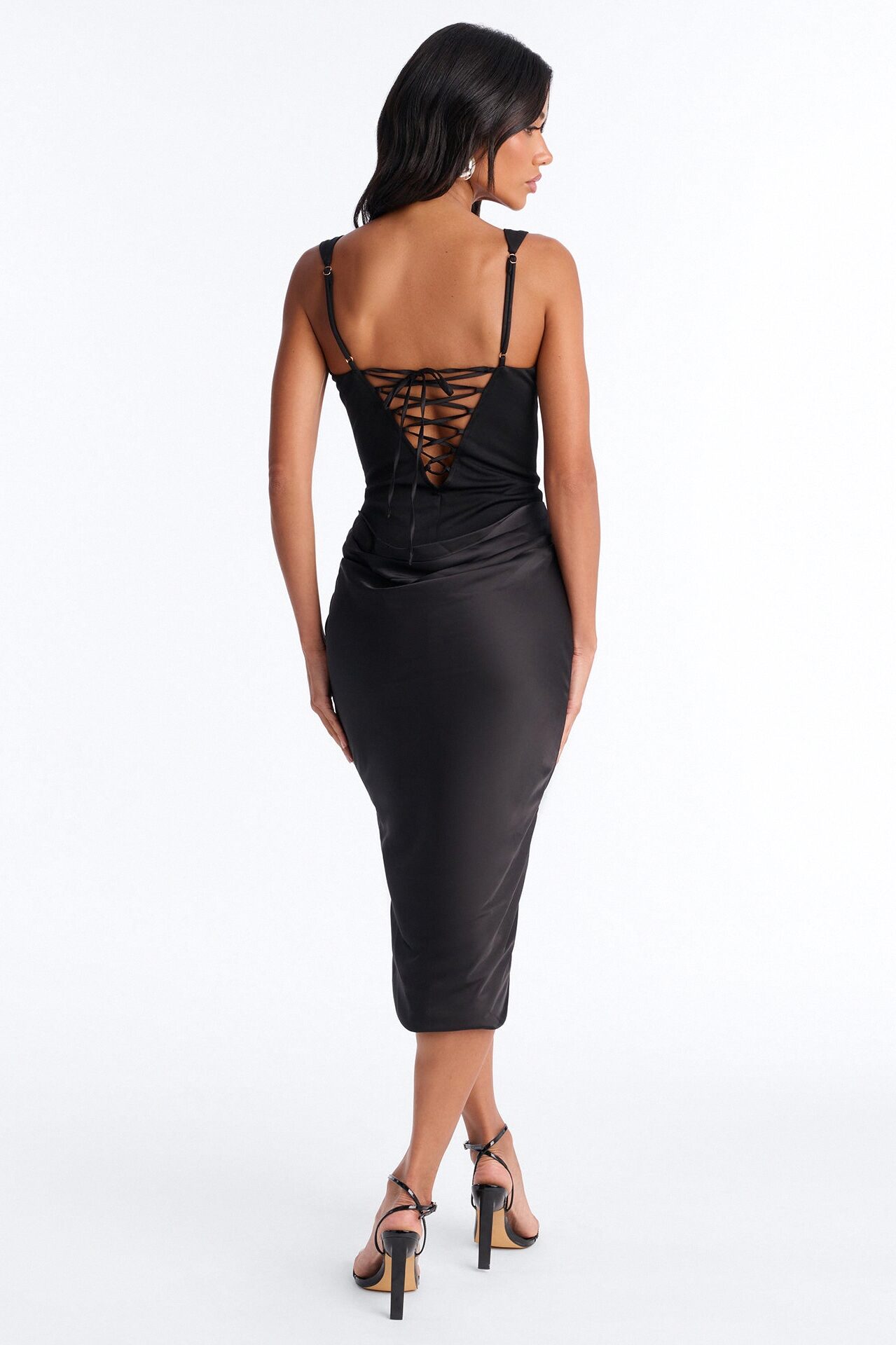 Haley Corset Draped Satin Midi Dress - Black