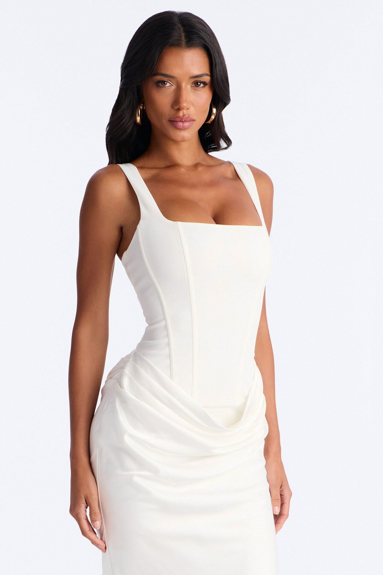 Haley Corset Draped Satin Midi Dress - White