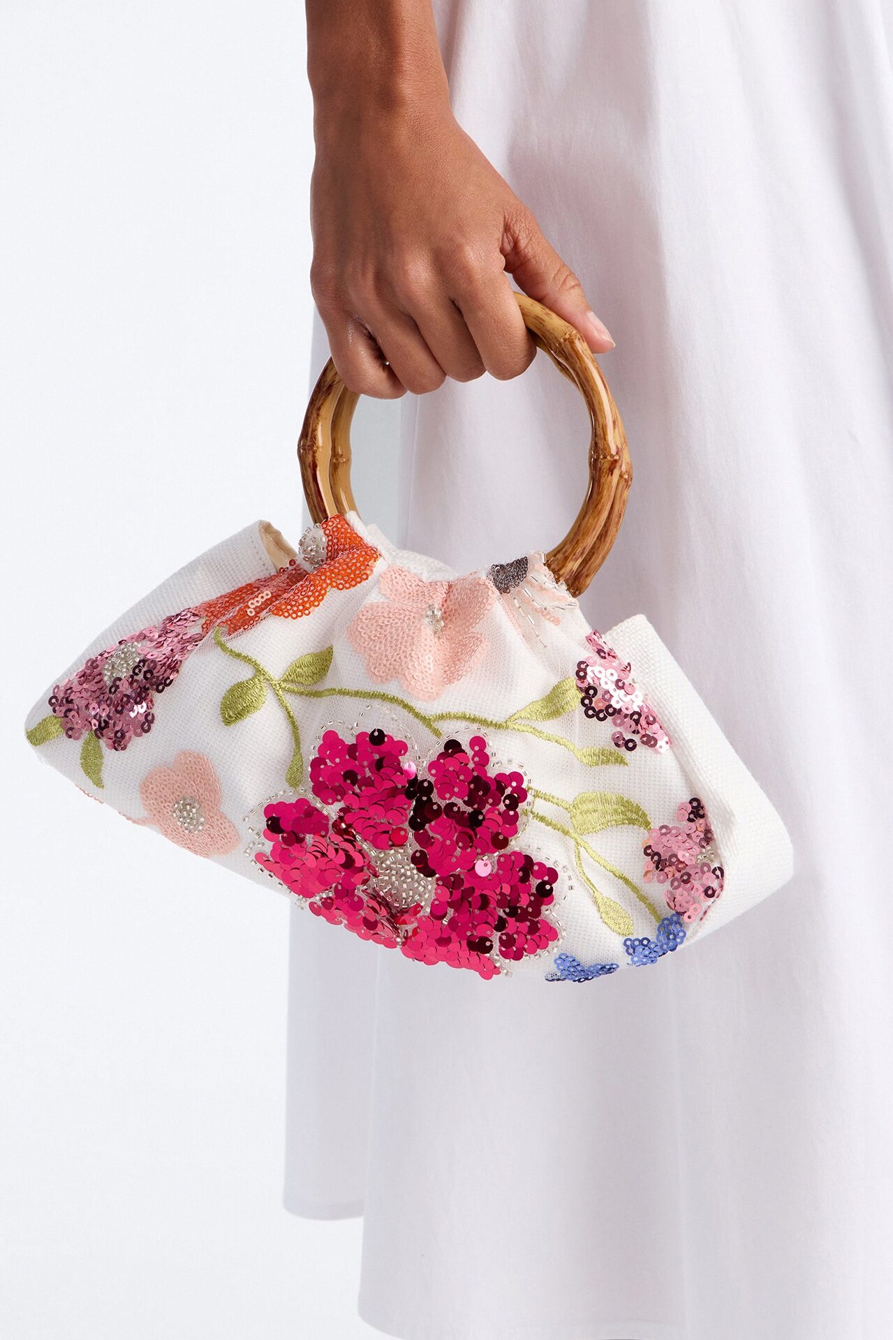 Flowers In Spring Sequin Satchel Handbag - Cream/combo