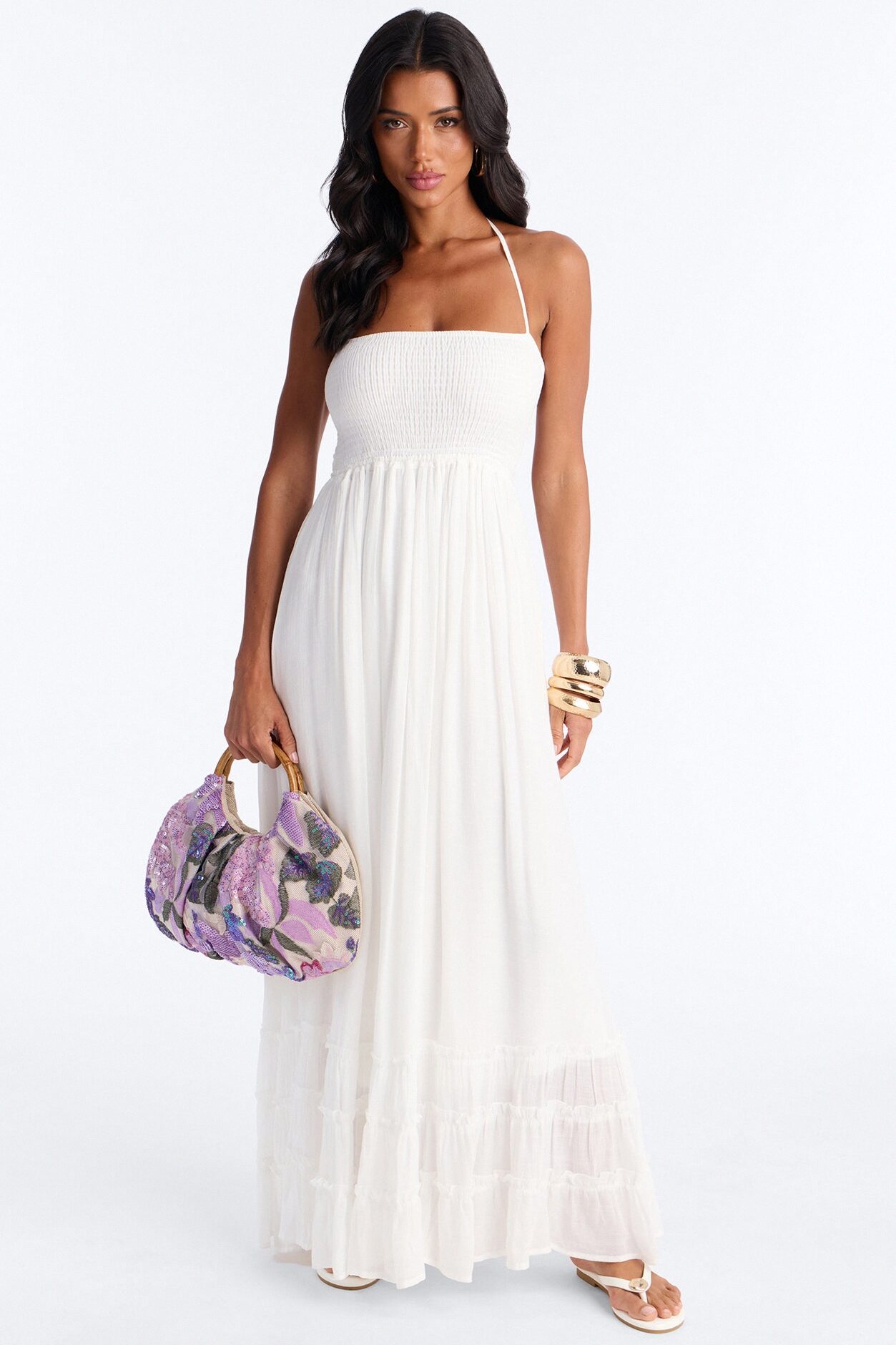 Eden Smocked Linen Maxi Dress - White