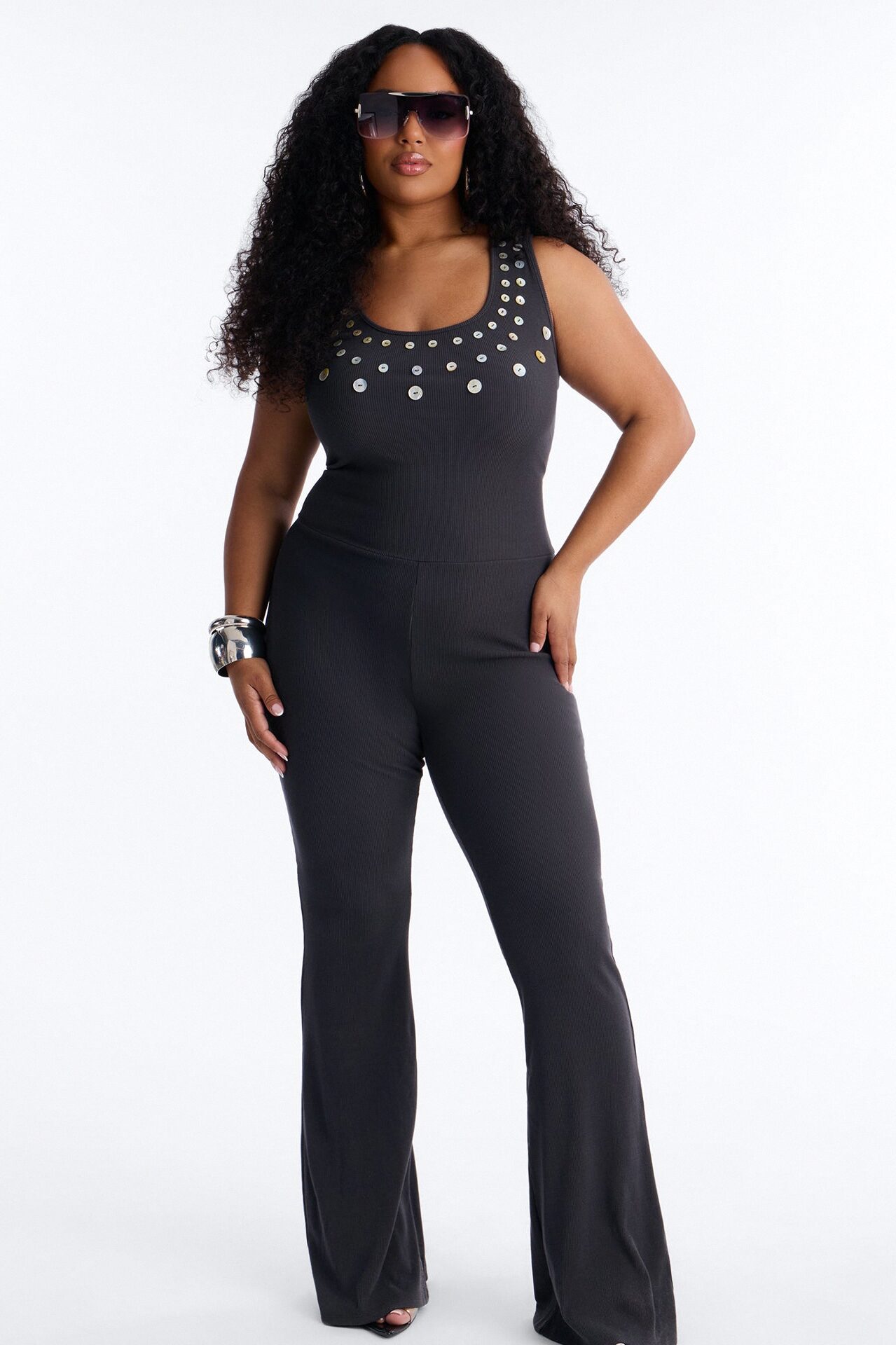 Rio Ribbed Flare Leg Jumpsuit - Charcoal
