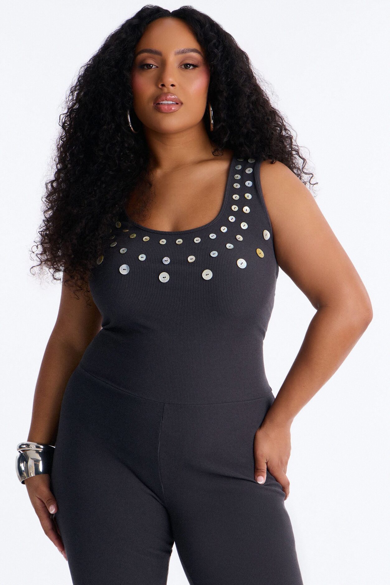 Rio Ribbed Flare Leg Jumpsuit - Charcoal