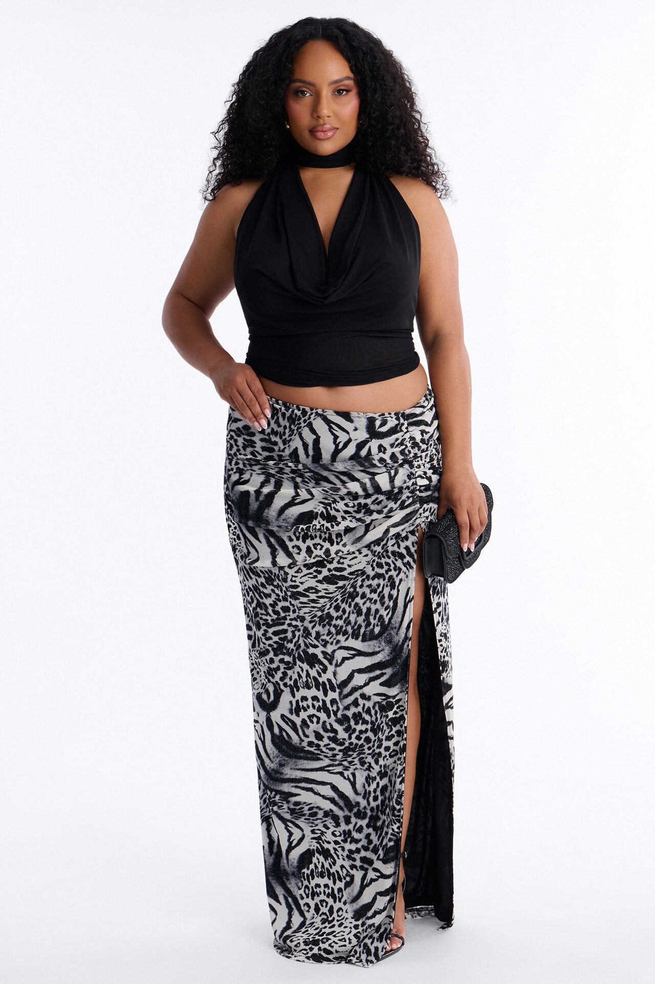 Wild For You Low Rise Shimmer Animal Maxi Skirt - Black/combo