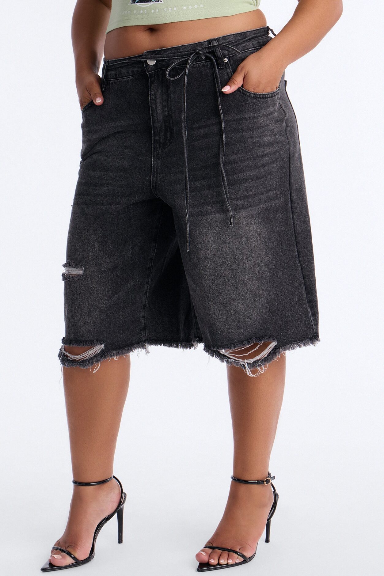 Ludlow Tie Waist Ripped Denim Jorts - Black Wash