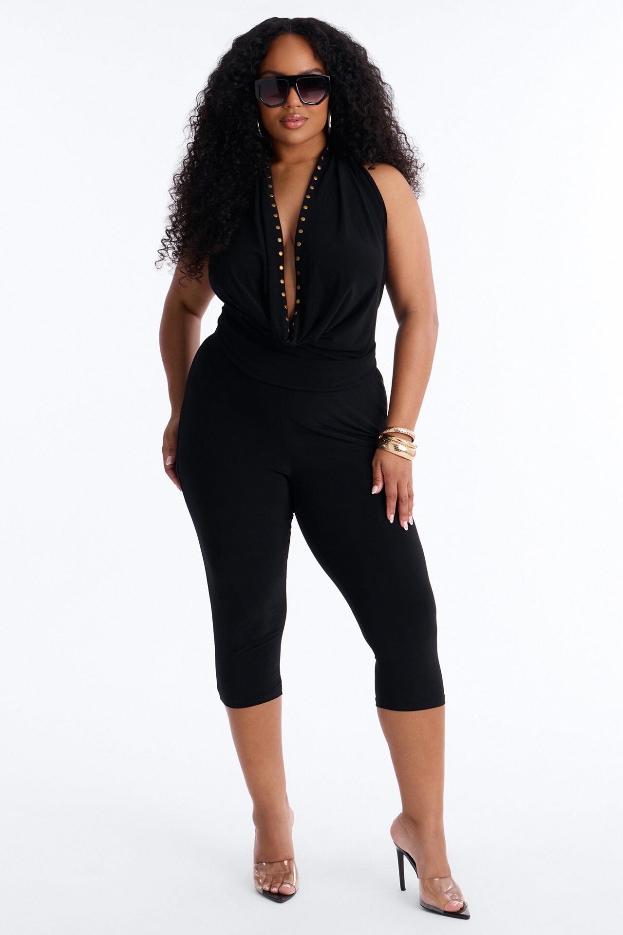 Jade Cowl Neck Studded Capri Pant Set - Black