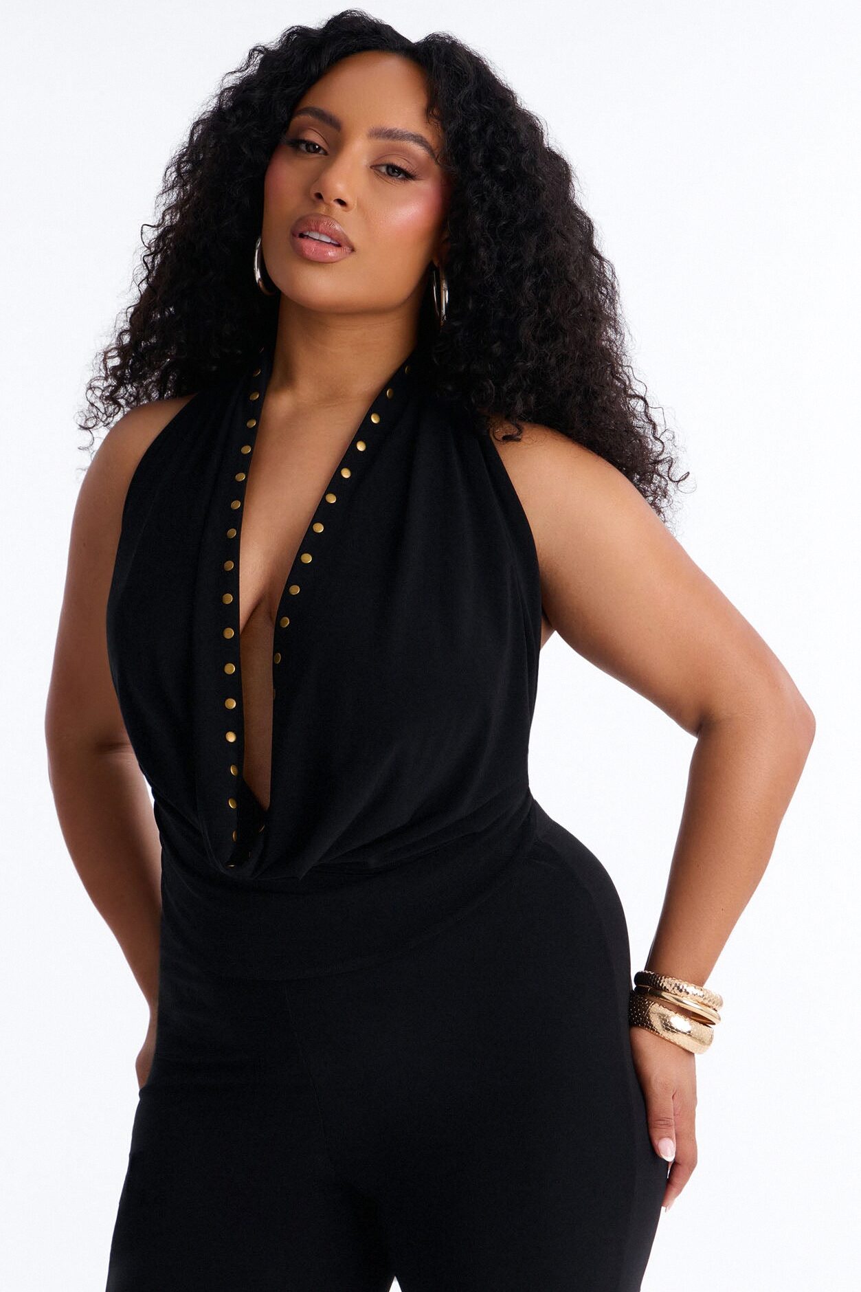 Jade Cowl Neck Studded Capri Pant Set - Black