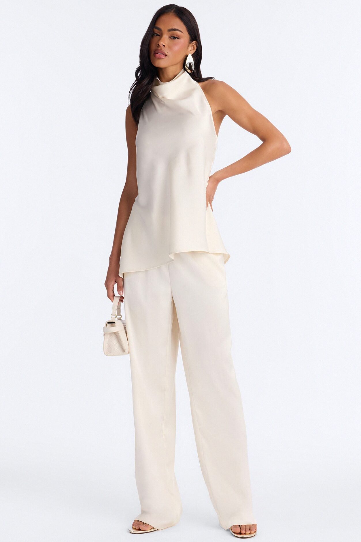 Teagan High Neck Satin Halter Top - Ivory
