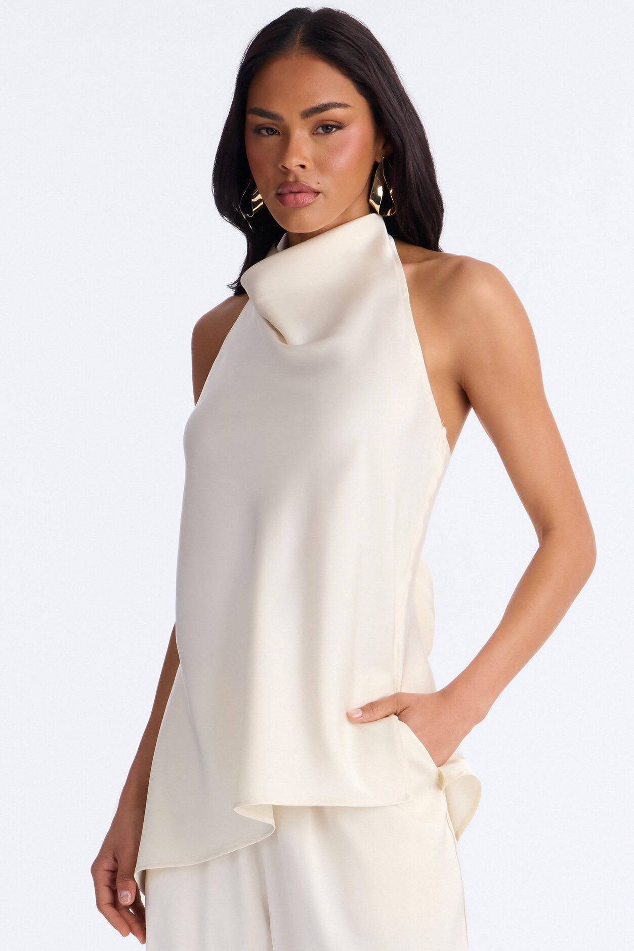 Teagan High Neck Satin Halter Top - Ivory