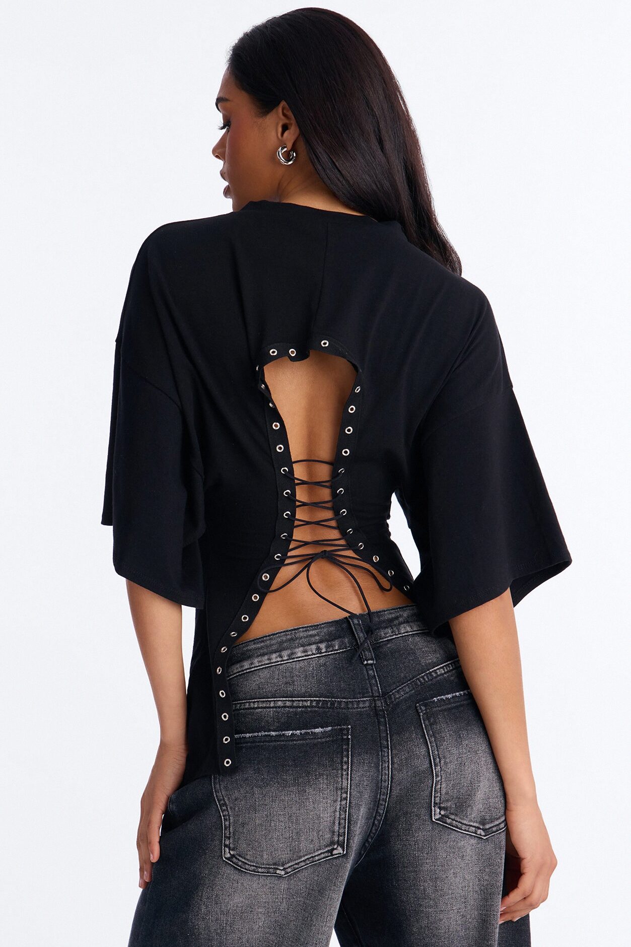 Final Game 74 Backless Lace Up Top - Black