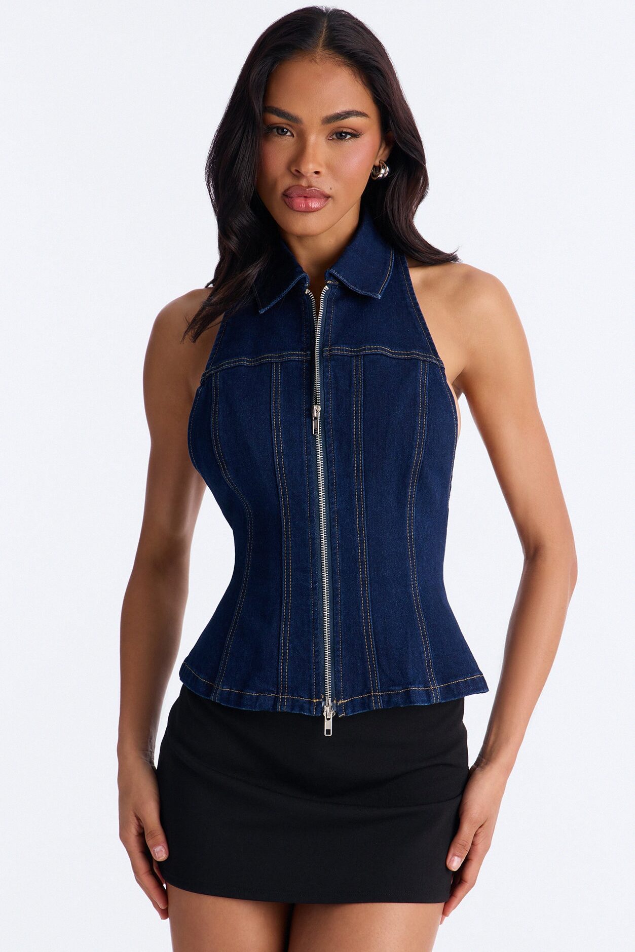 Street Smart Front Zip Denim Halter Top - Dark Wash