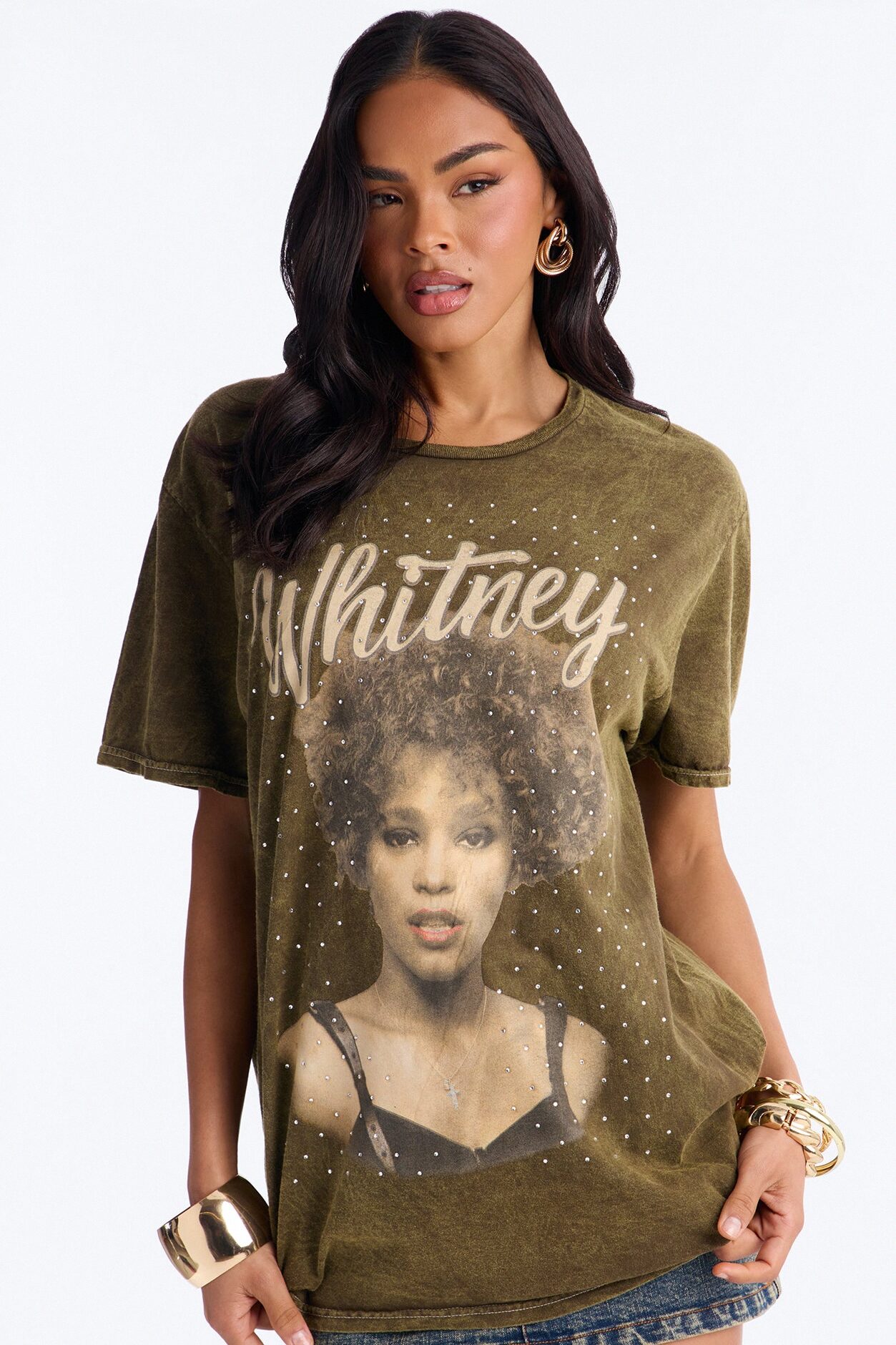 Whitney Washed Tee With Rhinestones - Brown