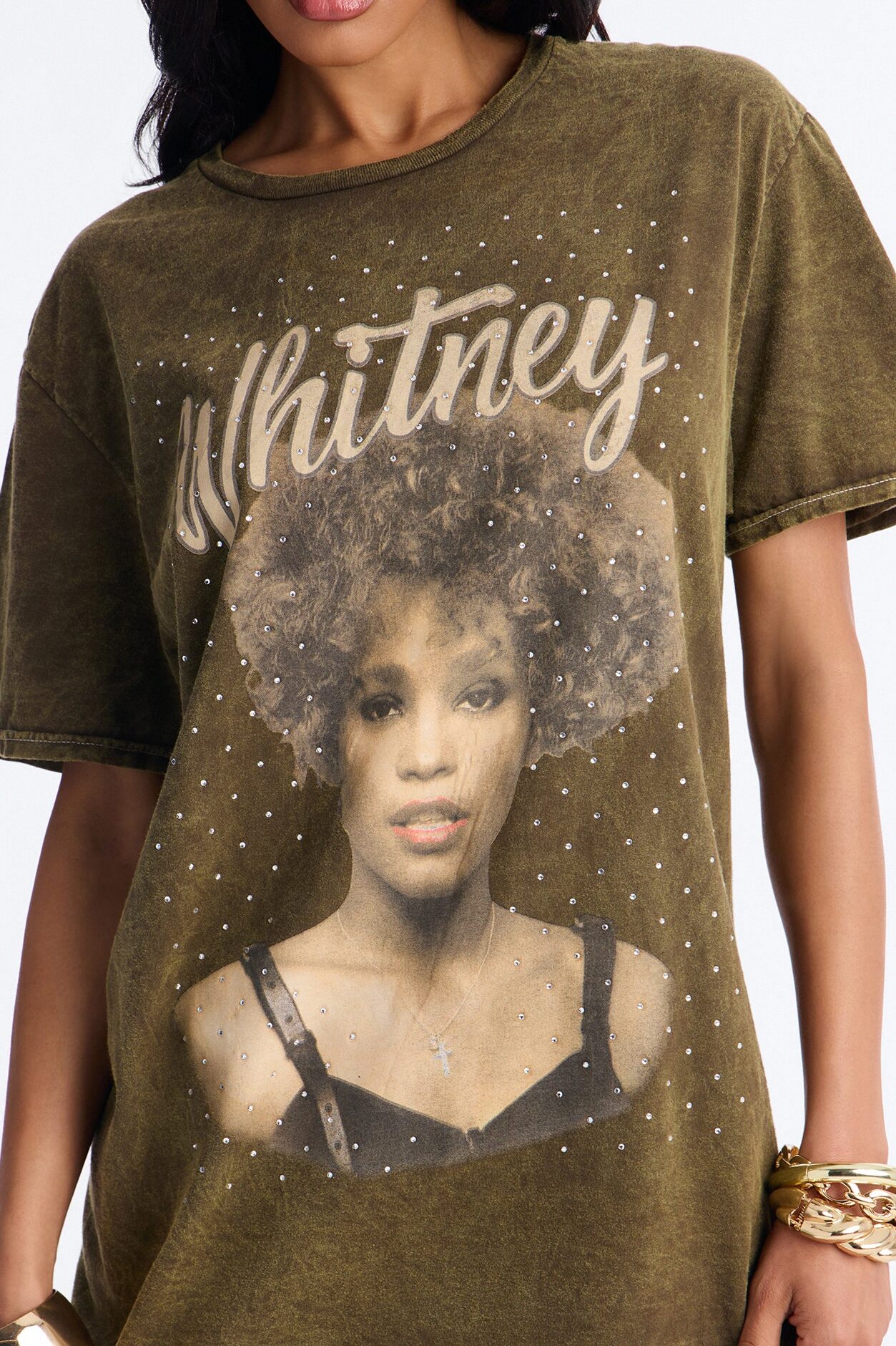 Whitney Washed Tee With Rhinestones - Brown