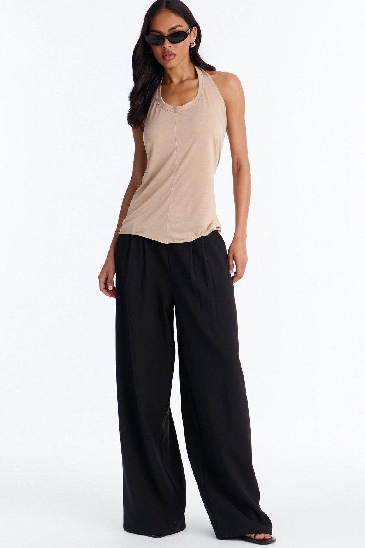 Cameron Sheer Scoop Neck Halter Top - Taupe