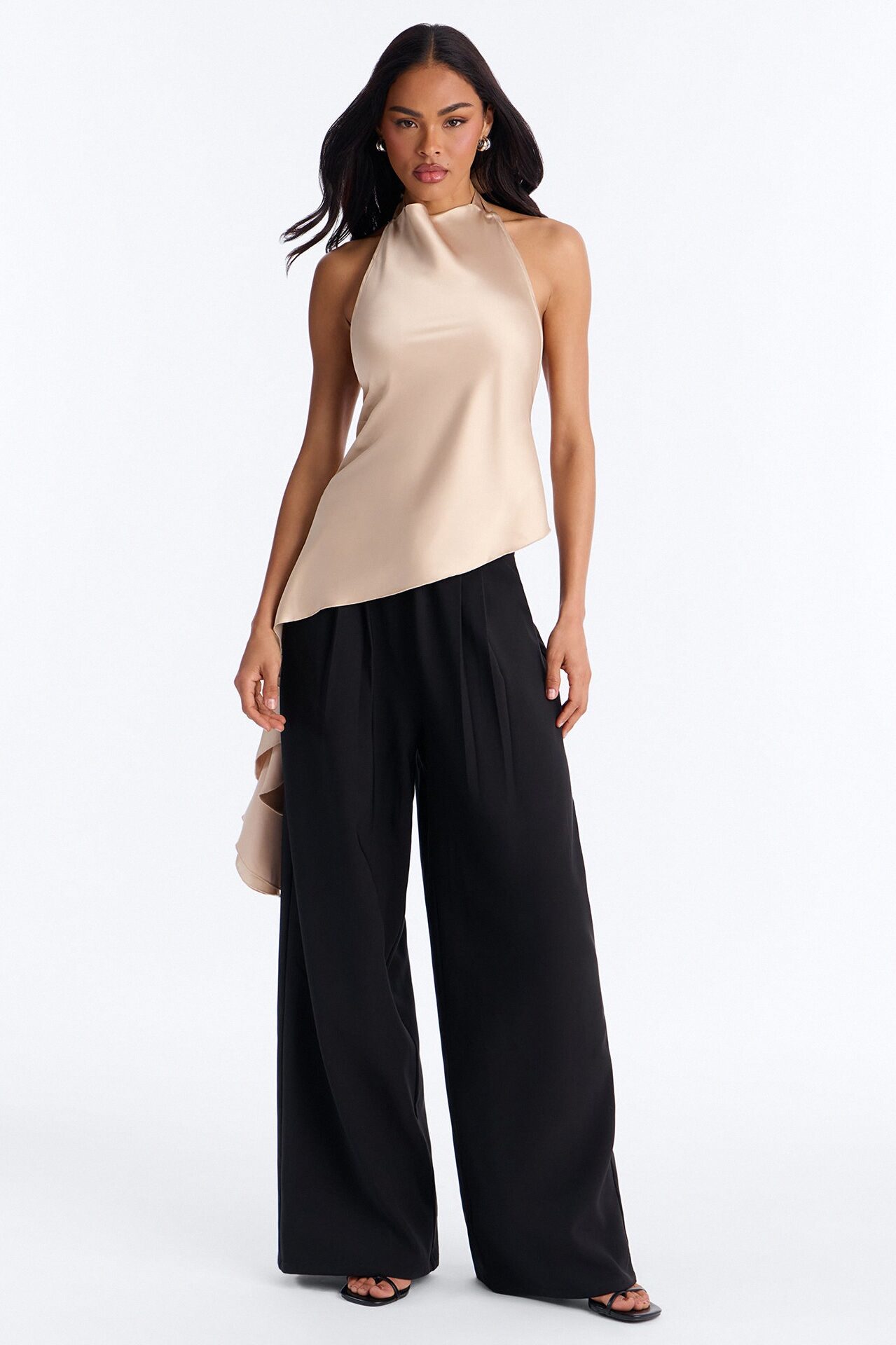 This Is The Look Asymmetrical Ruffle Satin Halter Top - Champagne