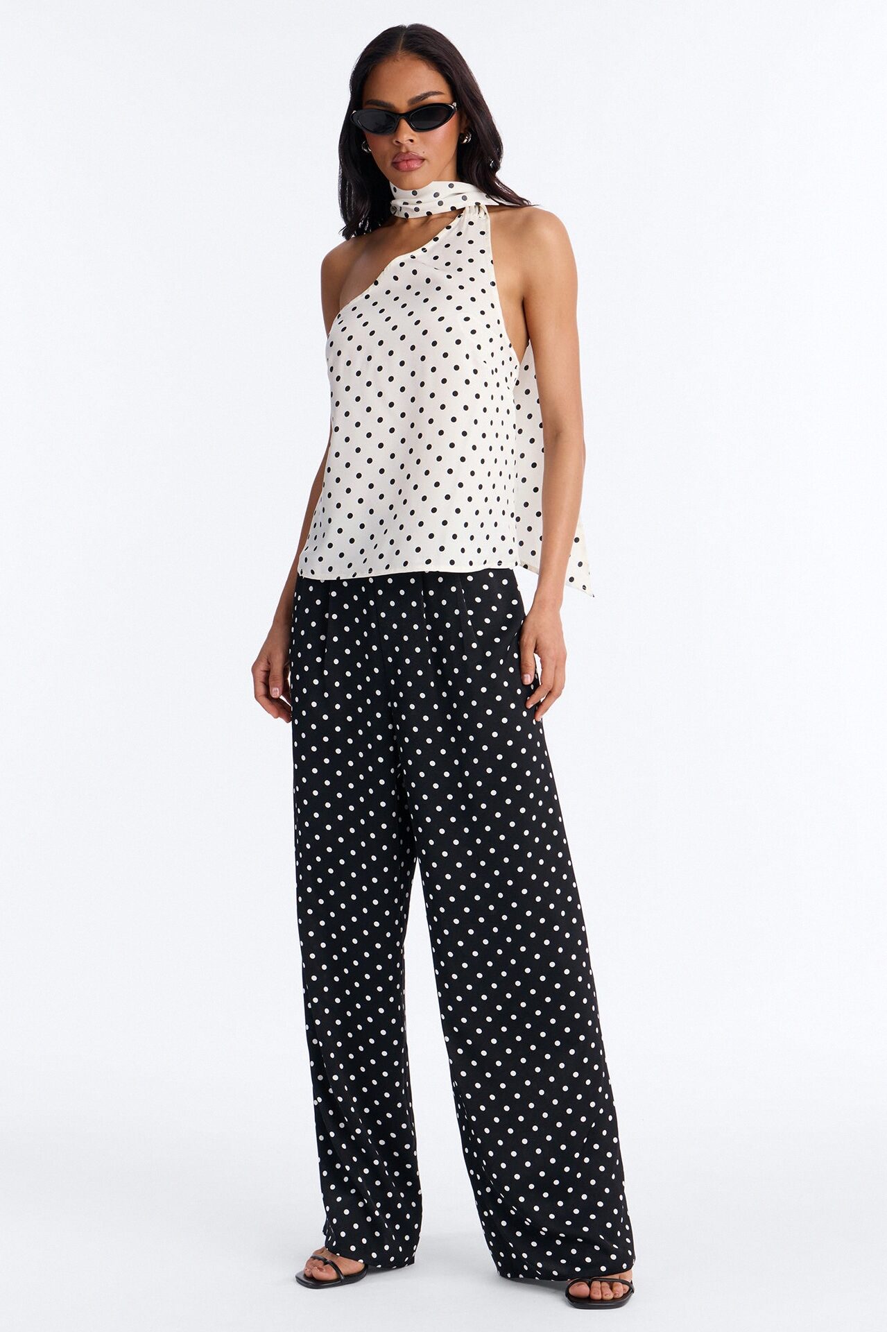 Tasha Satin Polka Dot Halter Pant Set - White/Black