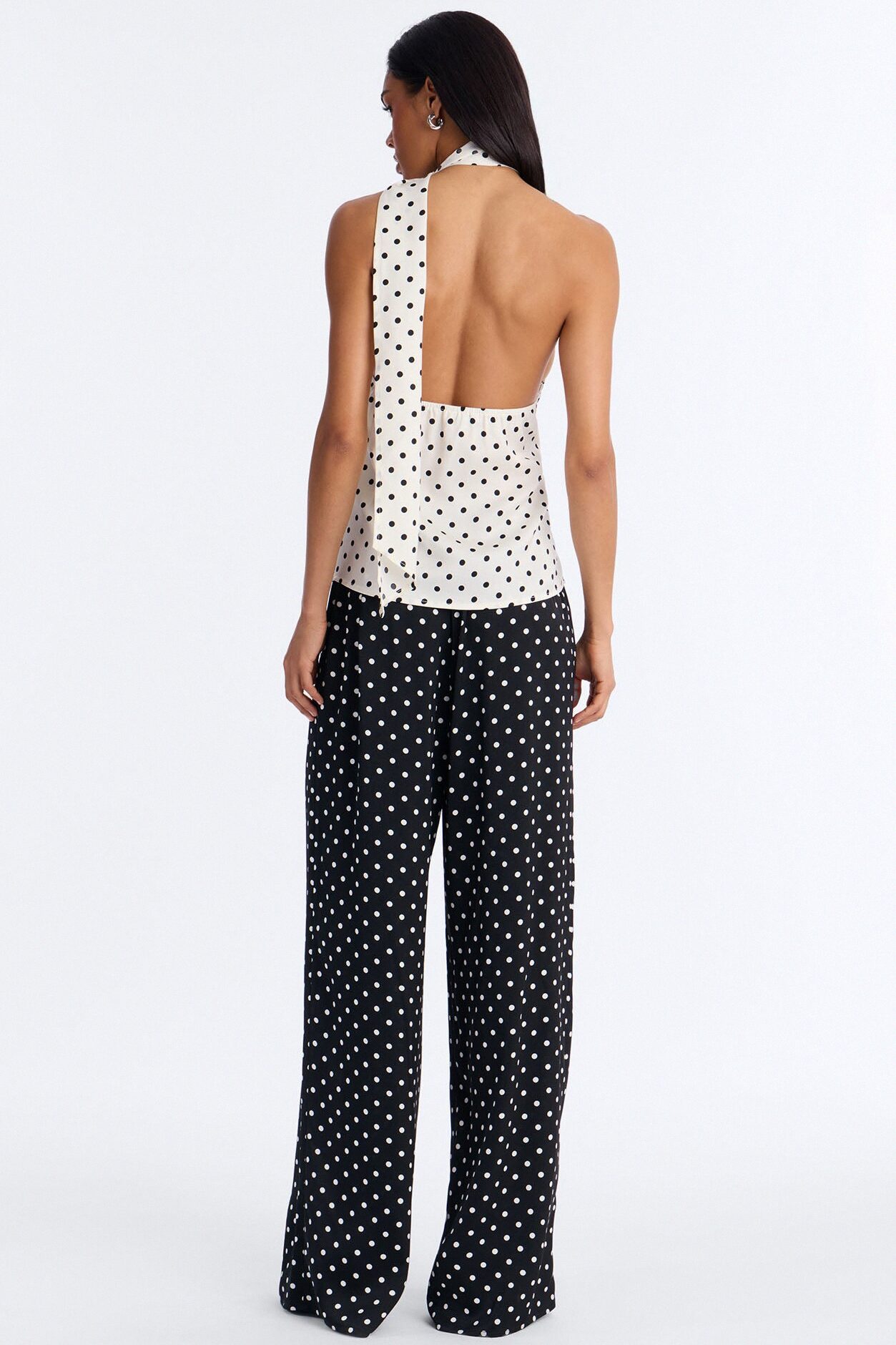 Tasha Satin Polka Dot Halter Pant Set - White/Black