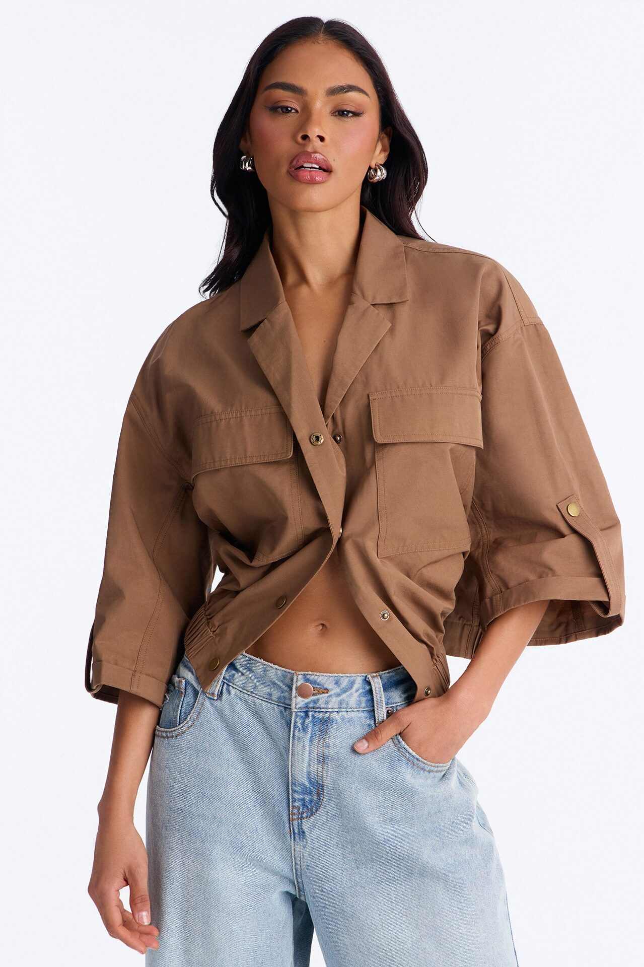Plans Made Oversized Airflow Shirt - Brown