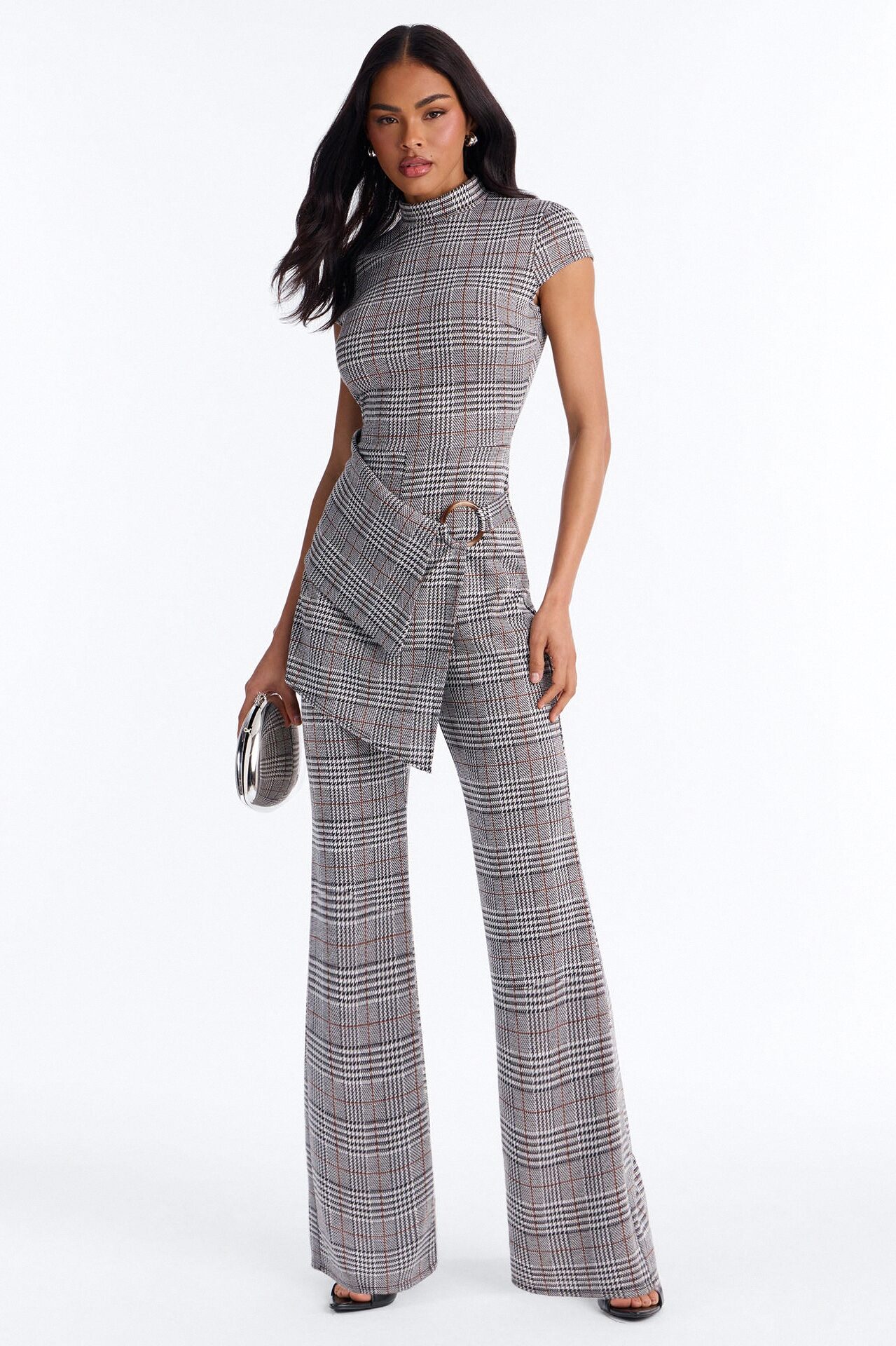 Chantel Plaid Draped Jumpsuit - Grey