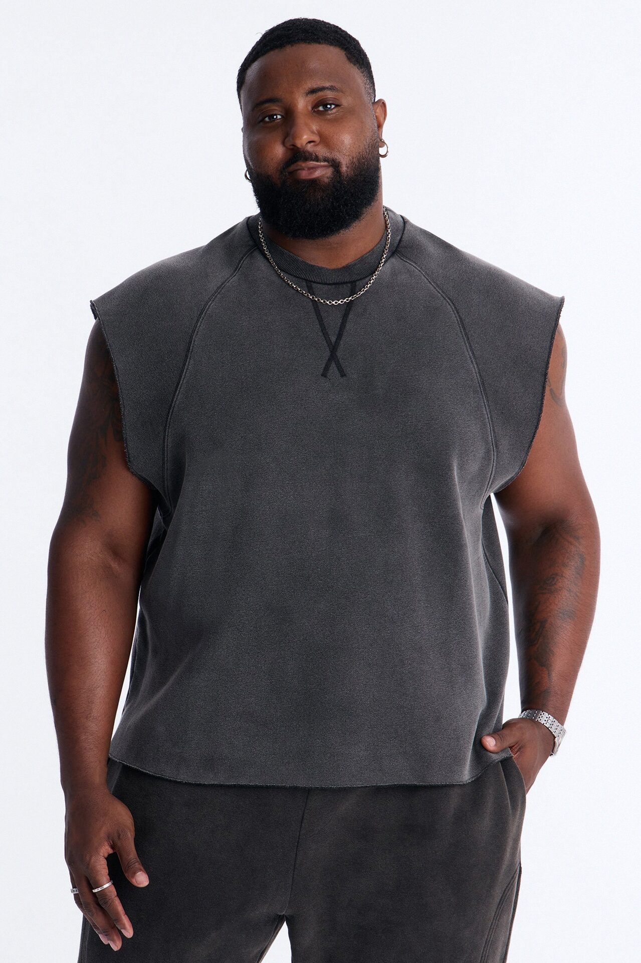 Washed Raw Edge Relaxed Muscle Tee - Black Wash