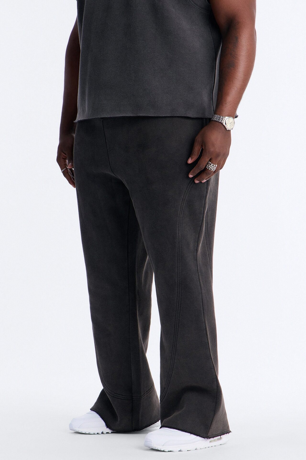Washed Raw Edge Flare Sweatpant - Black Wash