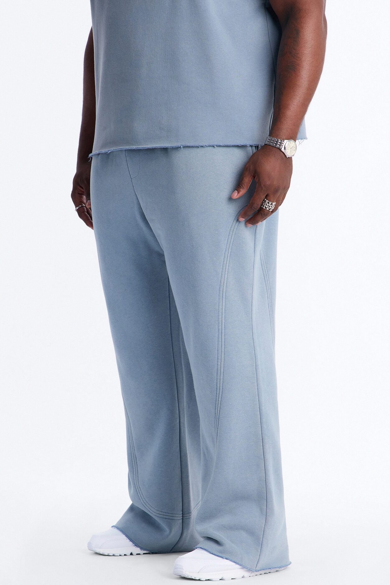 Washed Raw Edge Flare Sweatpant - Slate Blue
