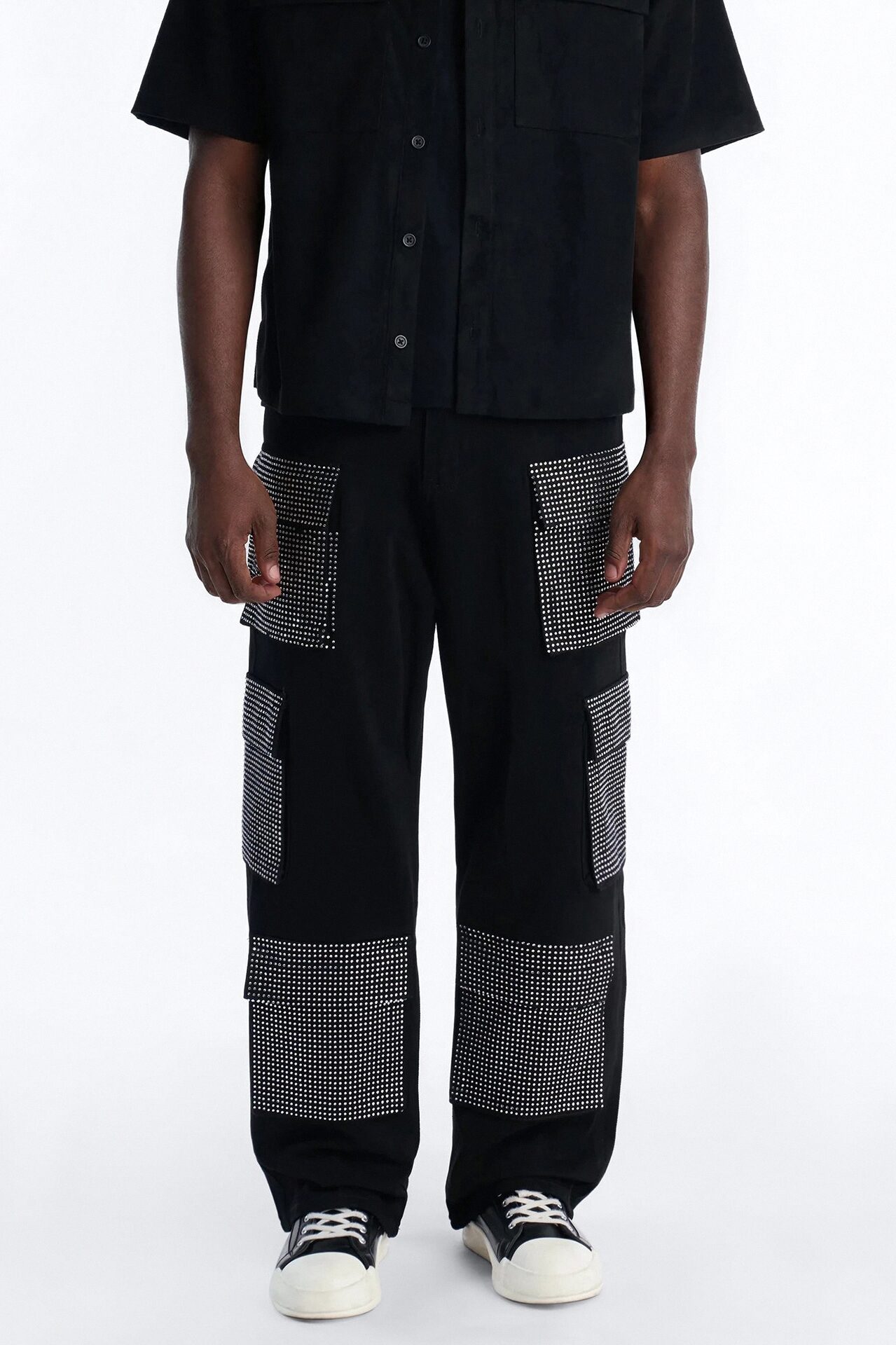 Baggy Rhinestone Combat Cargo Jean - Black Wash