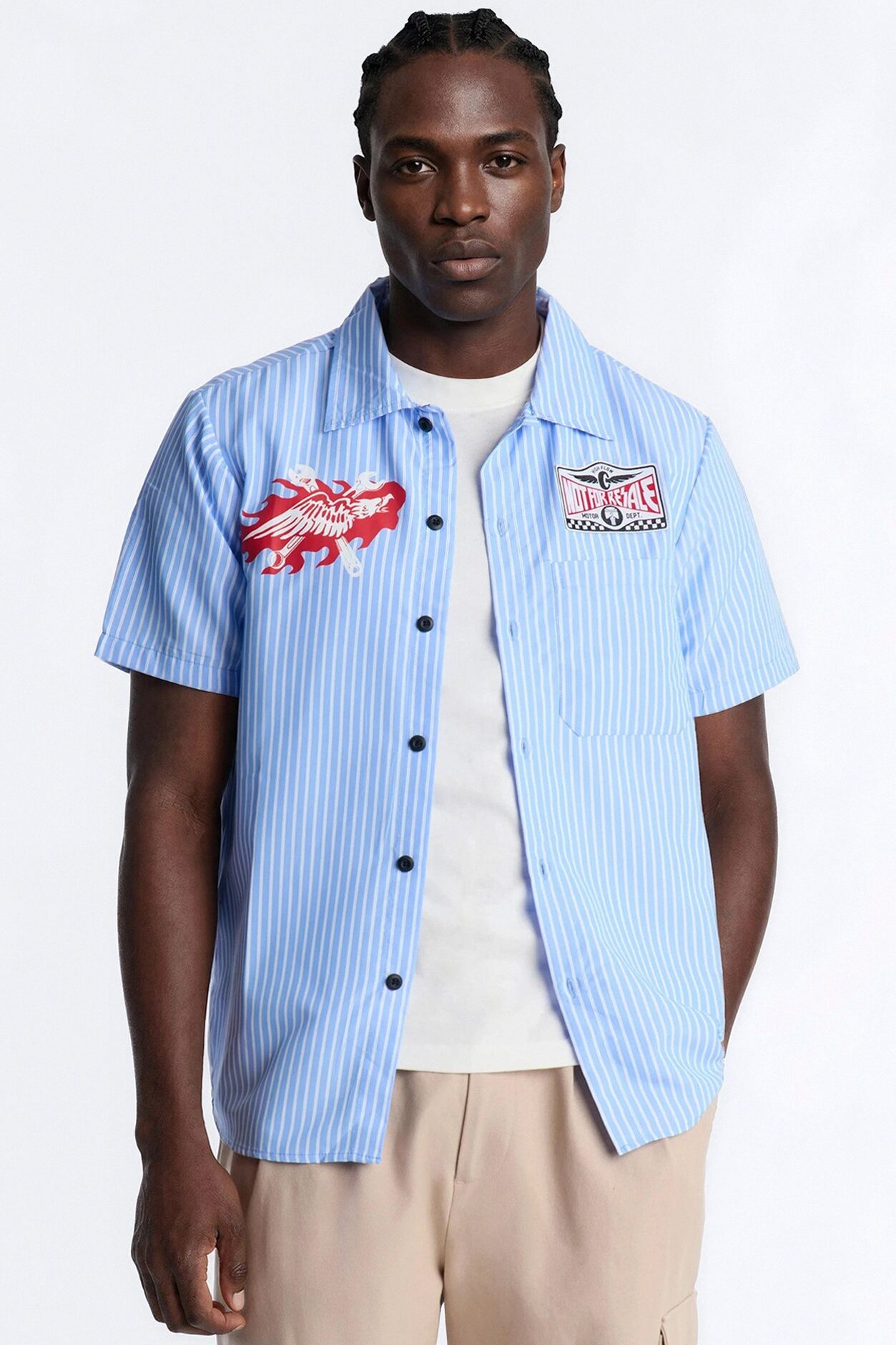Cropped No Questions Asked Striped Button Up Shirt - Blue