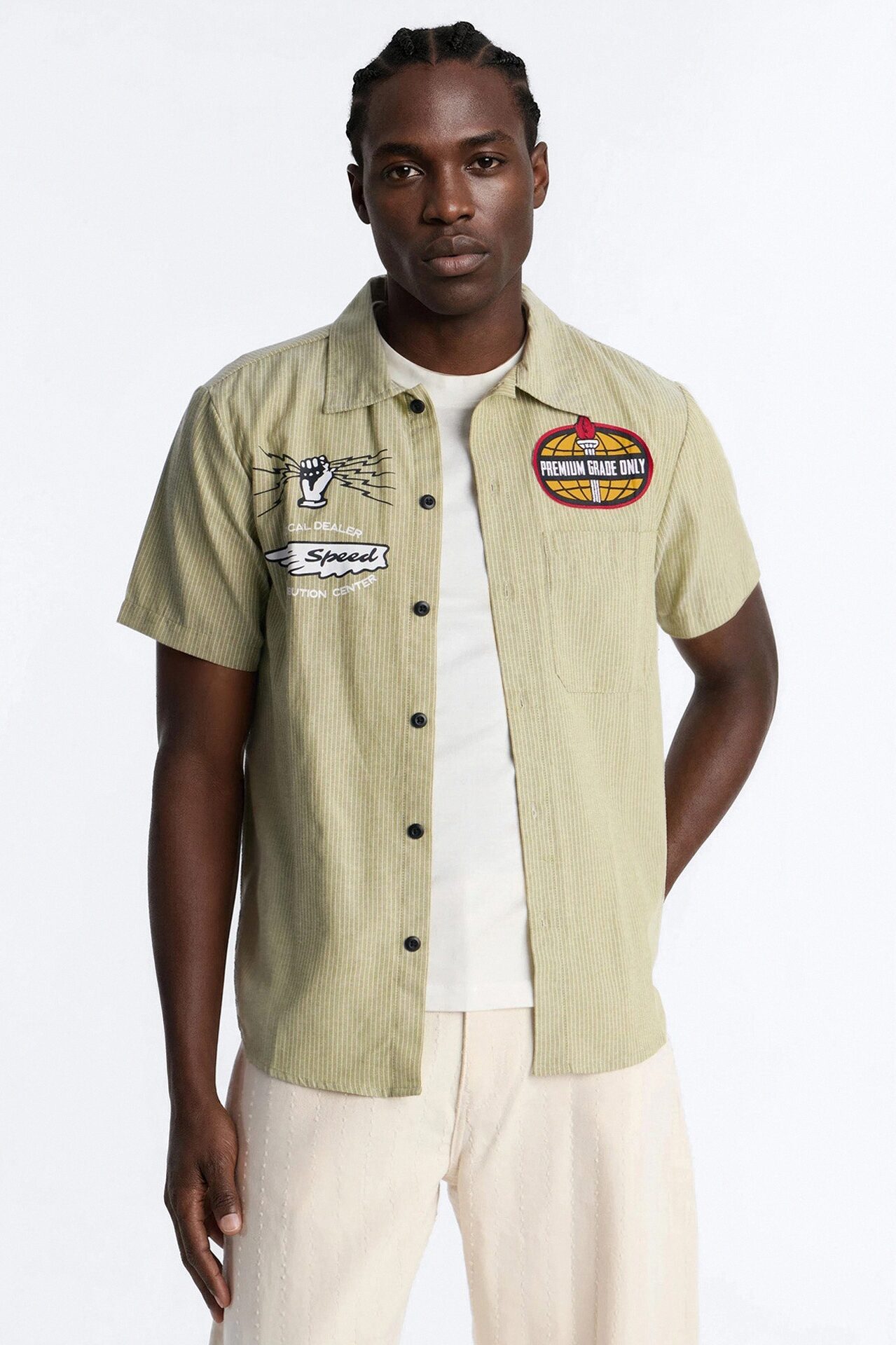 Cropped Overdrive Mode Striped Button Up Shirt - Sage