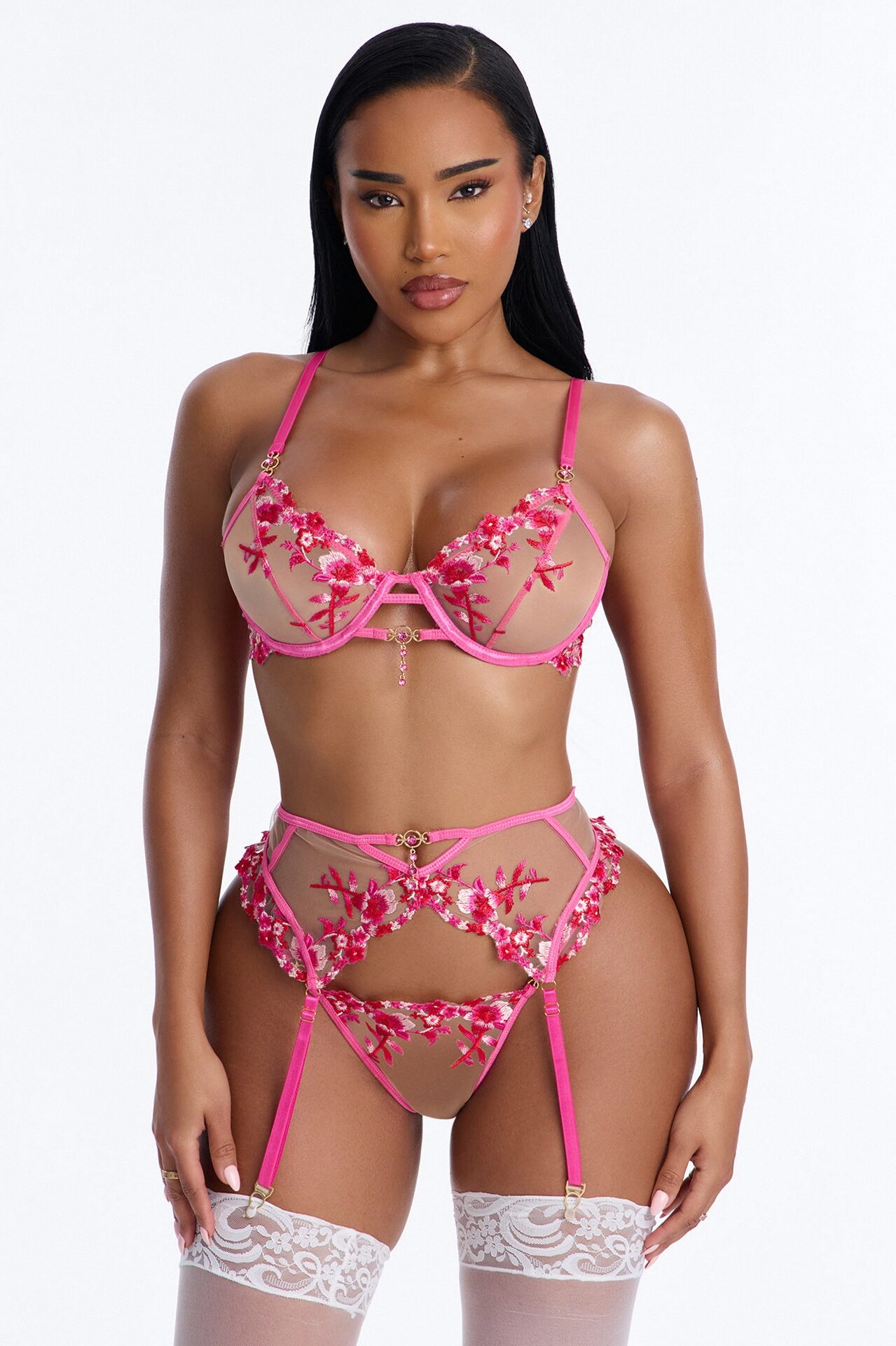 Amara Mesh Embroidered 3 Piece Bra And Panty Garter Set - Fuchsia