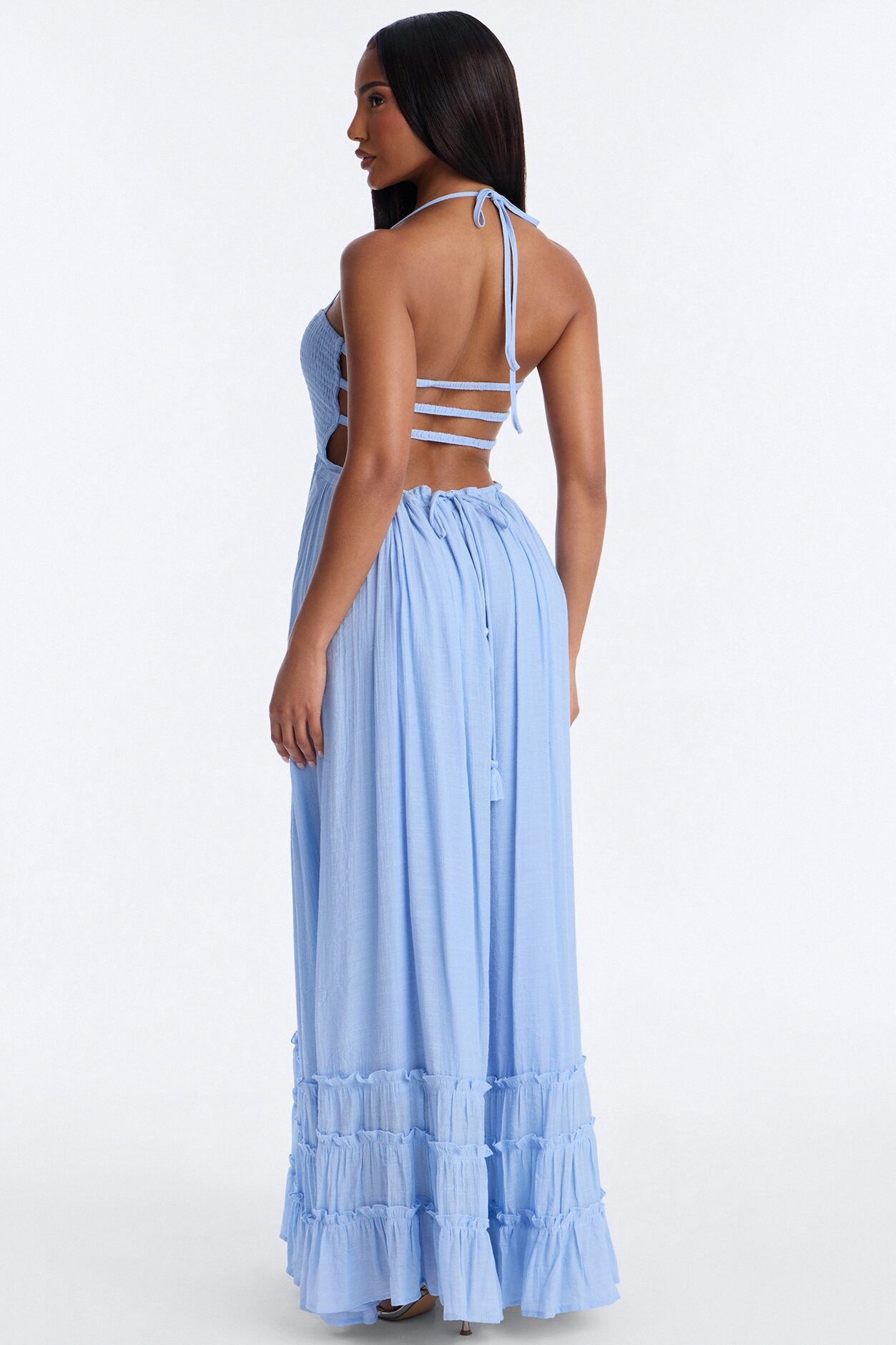 Eden Smocked Linen Maxi Dress - Light Blue