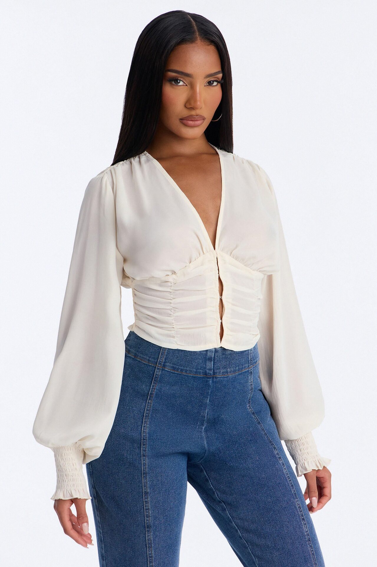 Bring The Flowers Ruched Chiffon Top - Cream