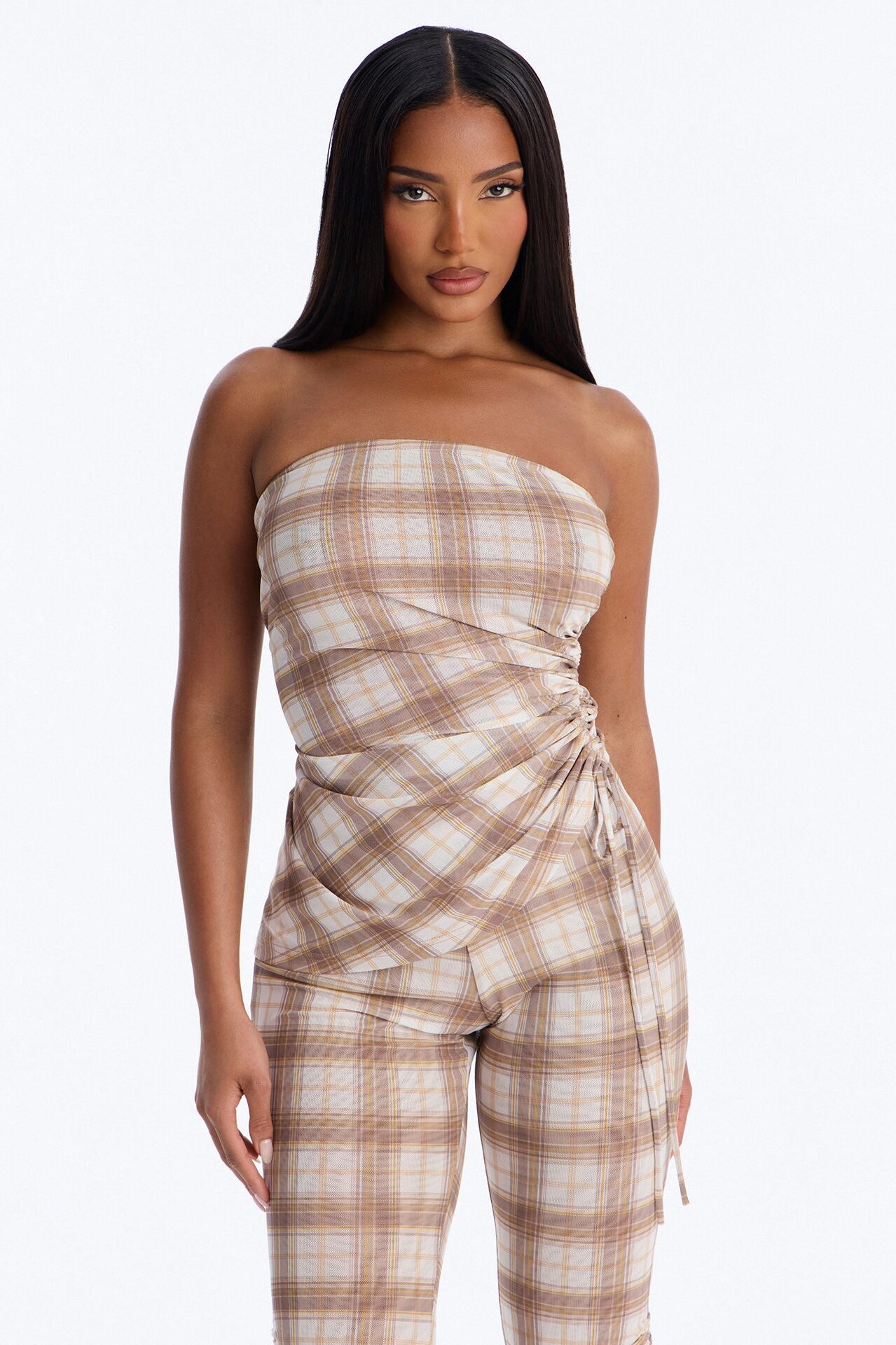 Preppy Plaid Cutie Mesh Capri Set - Taupe/combo