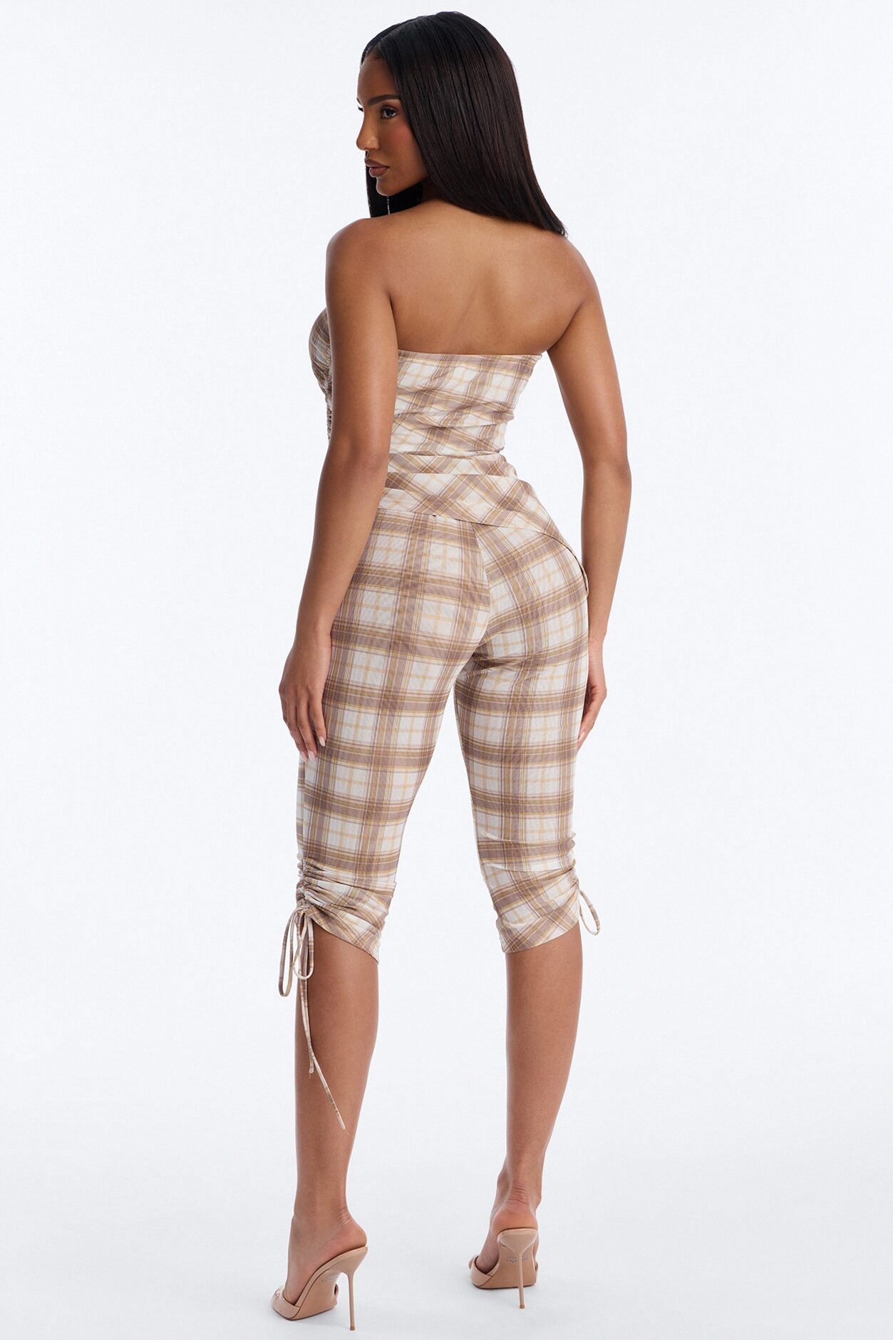 Preppy Plaid Cutie Mesh Capri Set - Taupe/combo