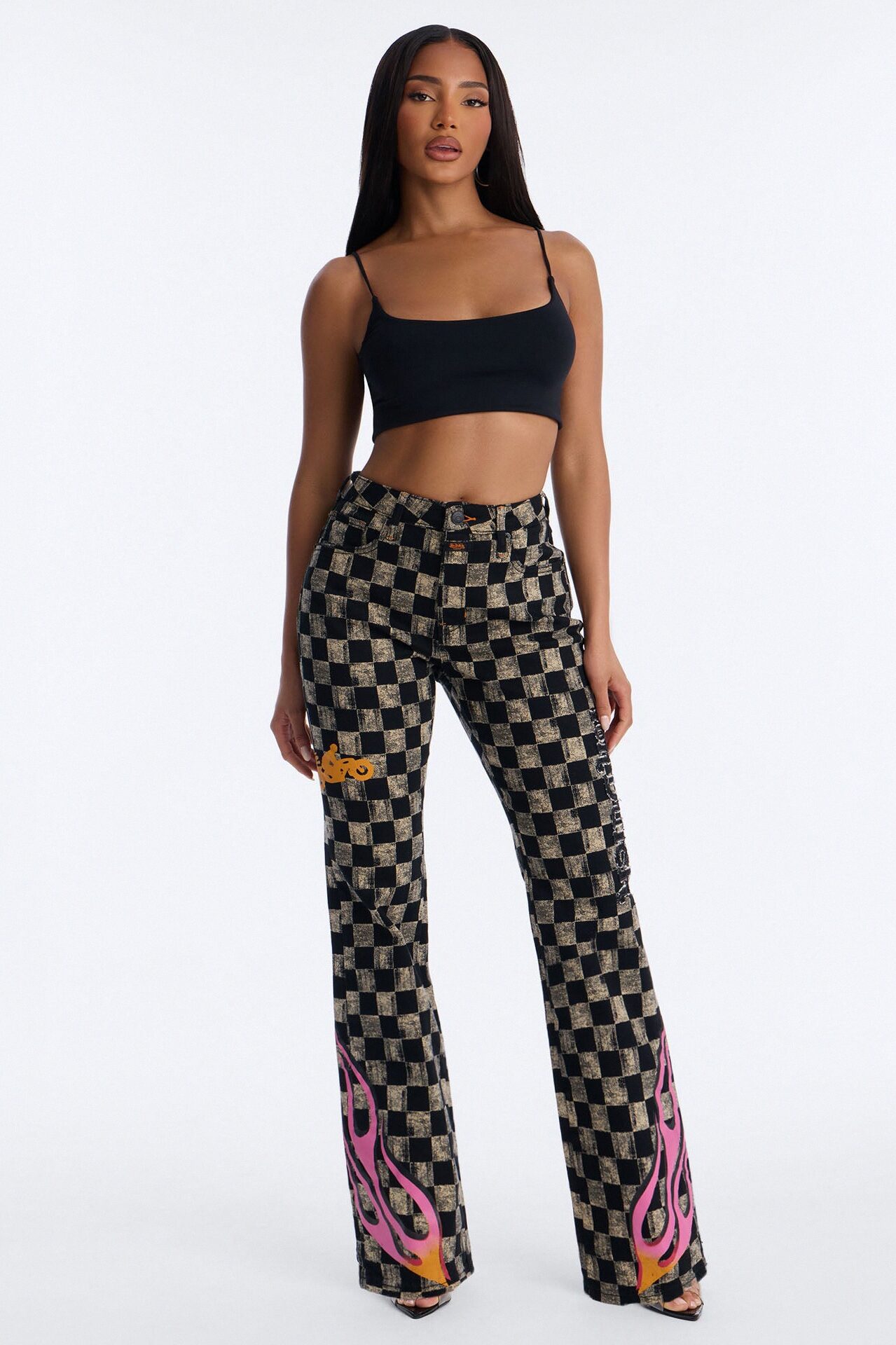Von Dutch Checkered Bootcut Jeans - Black/combo
