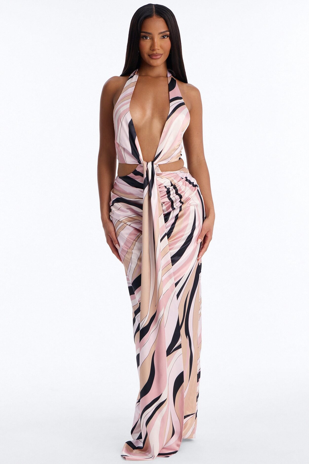 Untamed Abstract Satin Maxi Dress - Pink/combo